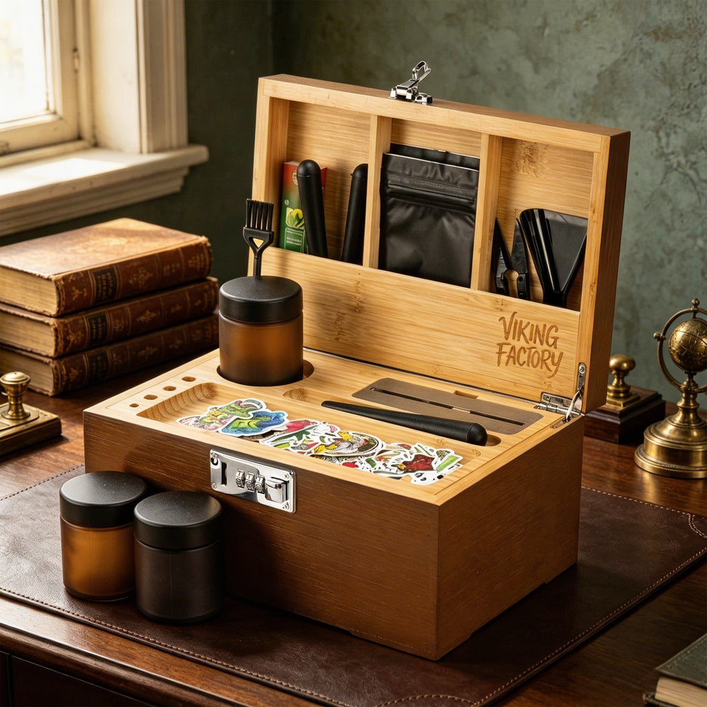 Walnut Brown Wooden Stash Box with Rolling Tray & Accessories
