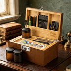 Walnut Brown Wooden Stash Box with Rolling Tray & Accessories