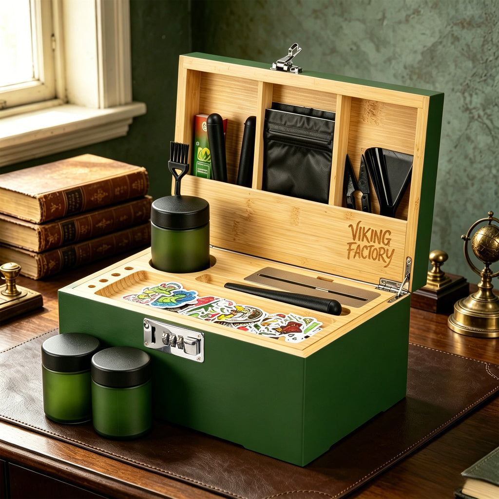 Forest Green Premium Wooden Stash Box Gift Set with Rolling Tray