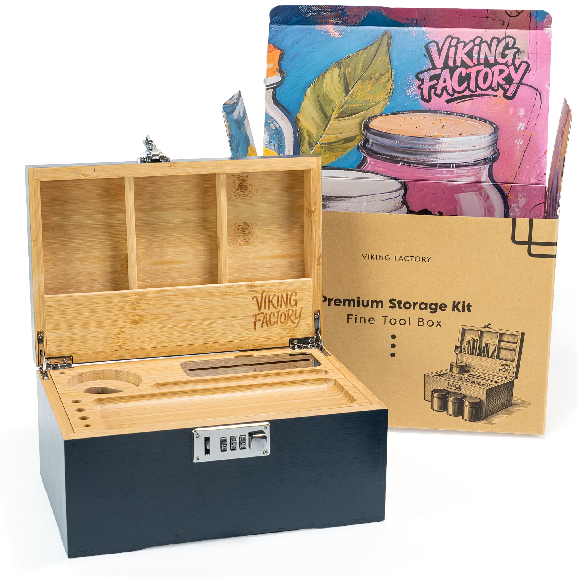 Slate Blue Wooden Stash Box with Rolling Tray & Accessories