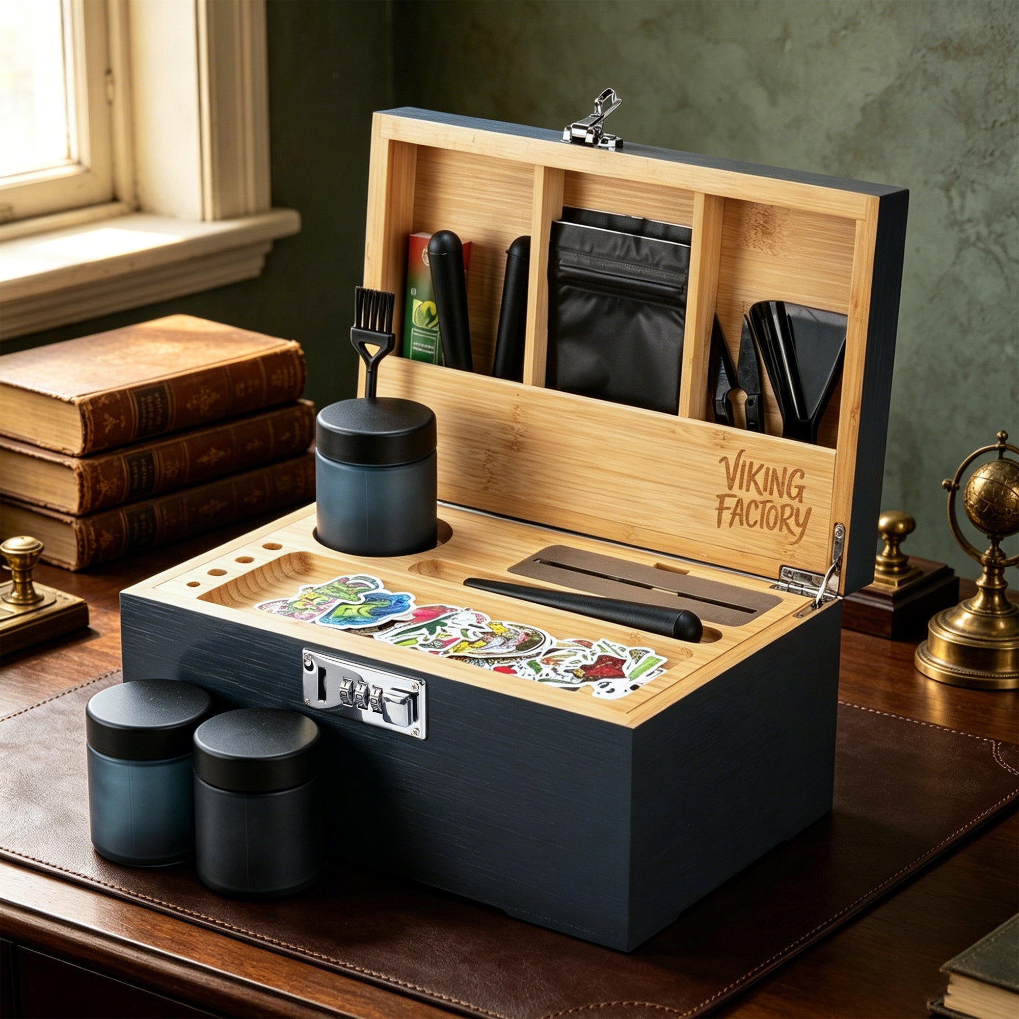 Slate Blue Wooden Stash Box with Rolling Tray & Accessories