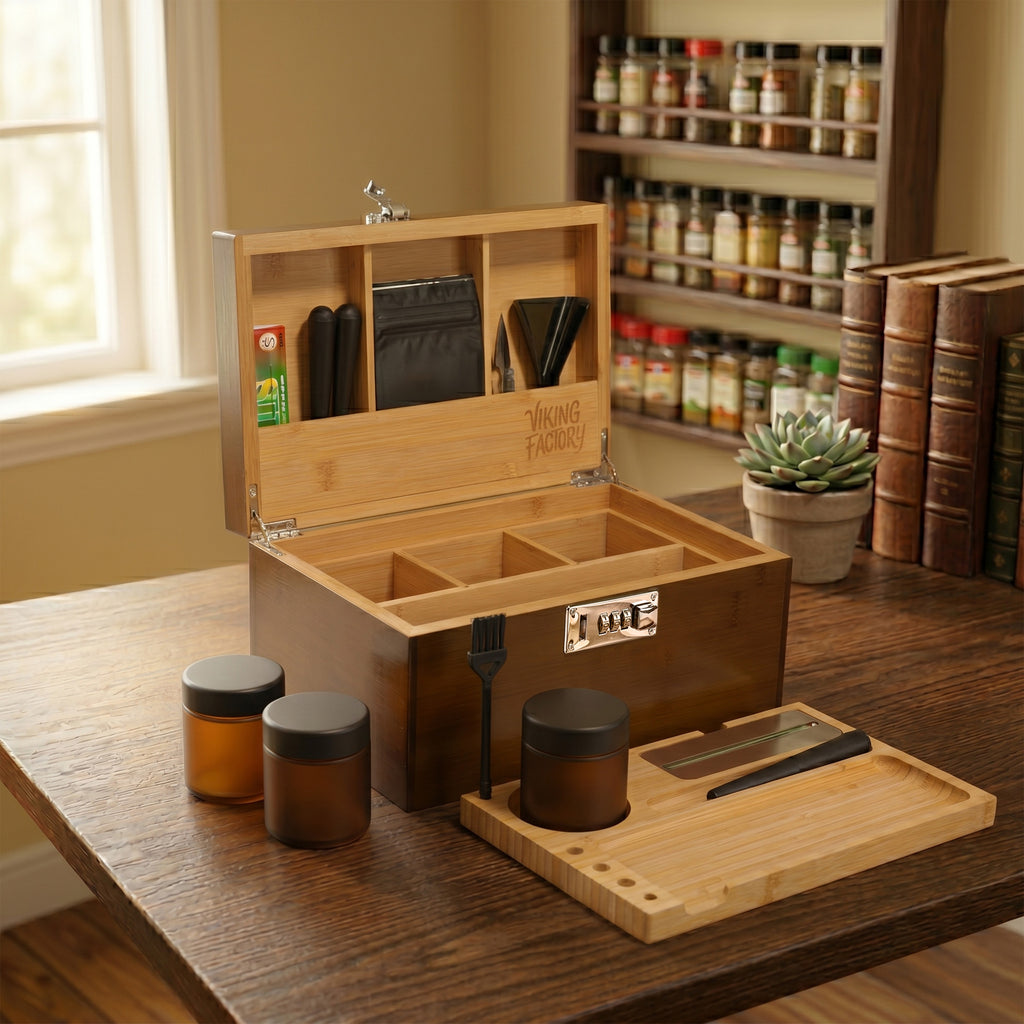 Walnut Brown Wooden Stash Box with Rolling Tray & Accessories