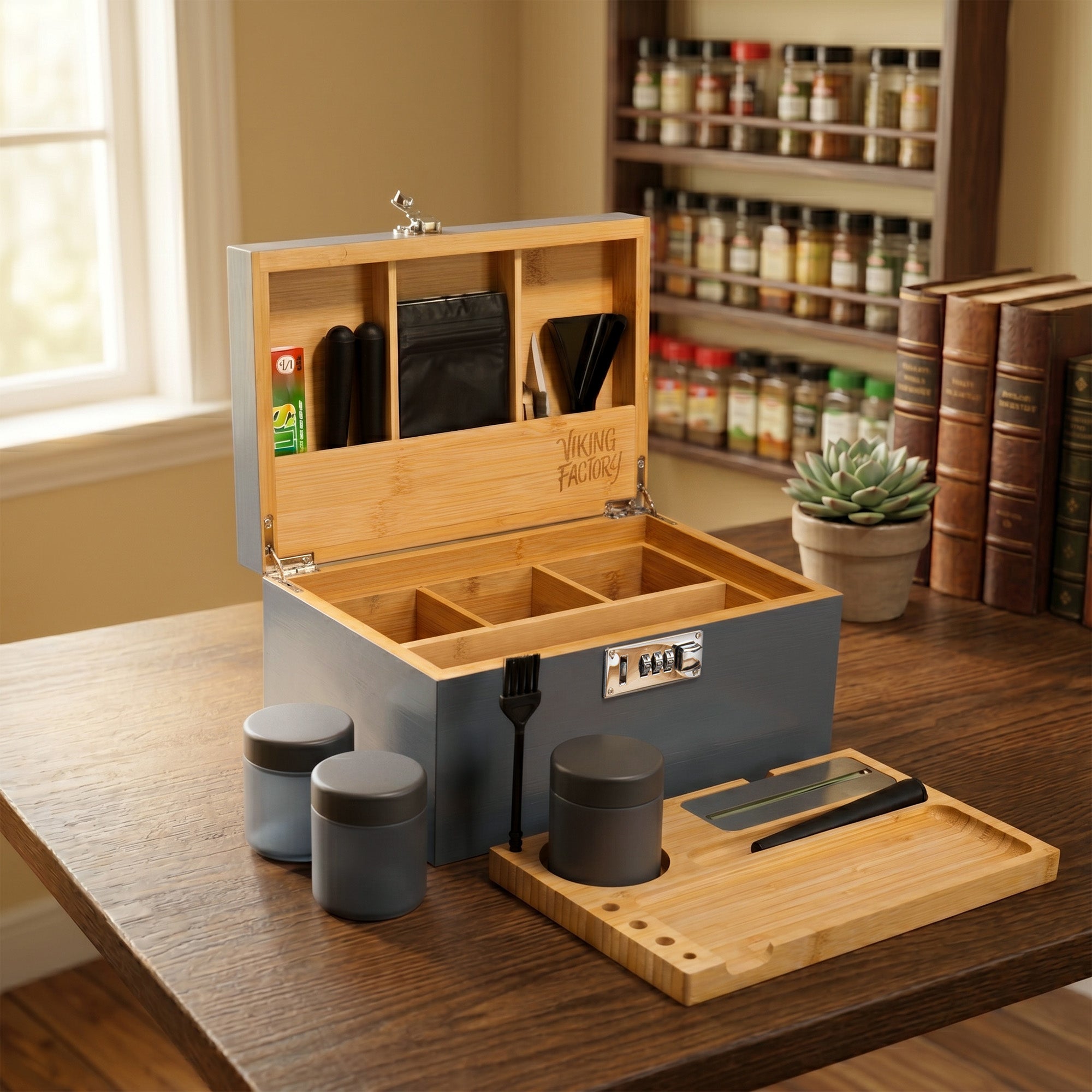 Slate Blue Wooden Stash Box with Rolling Tray & Accessories