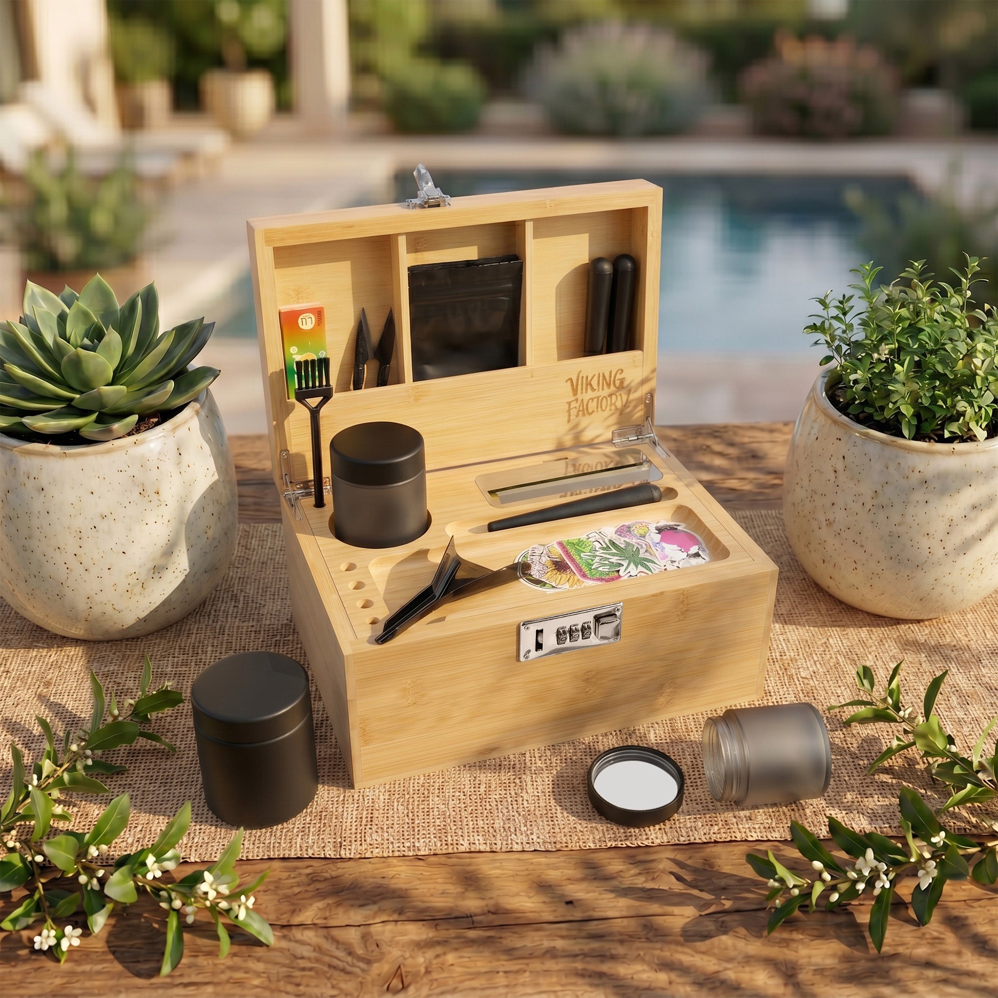 Premium Wooden Stash Box Kit with Rolling Tray & Accessories
