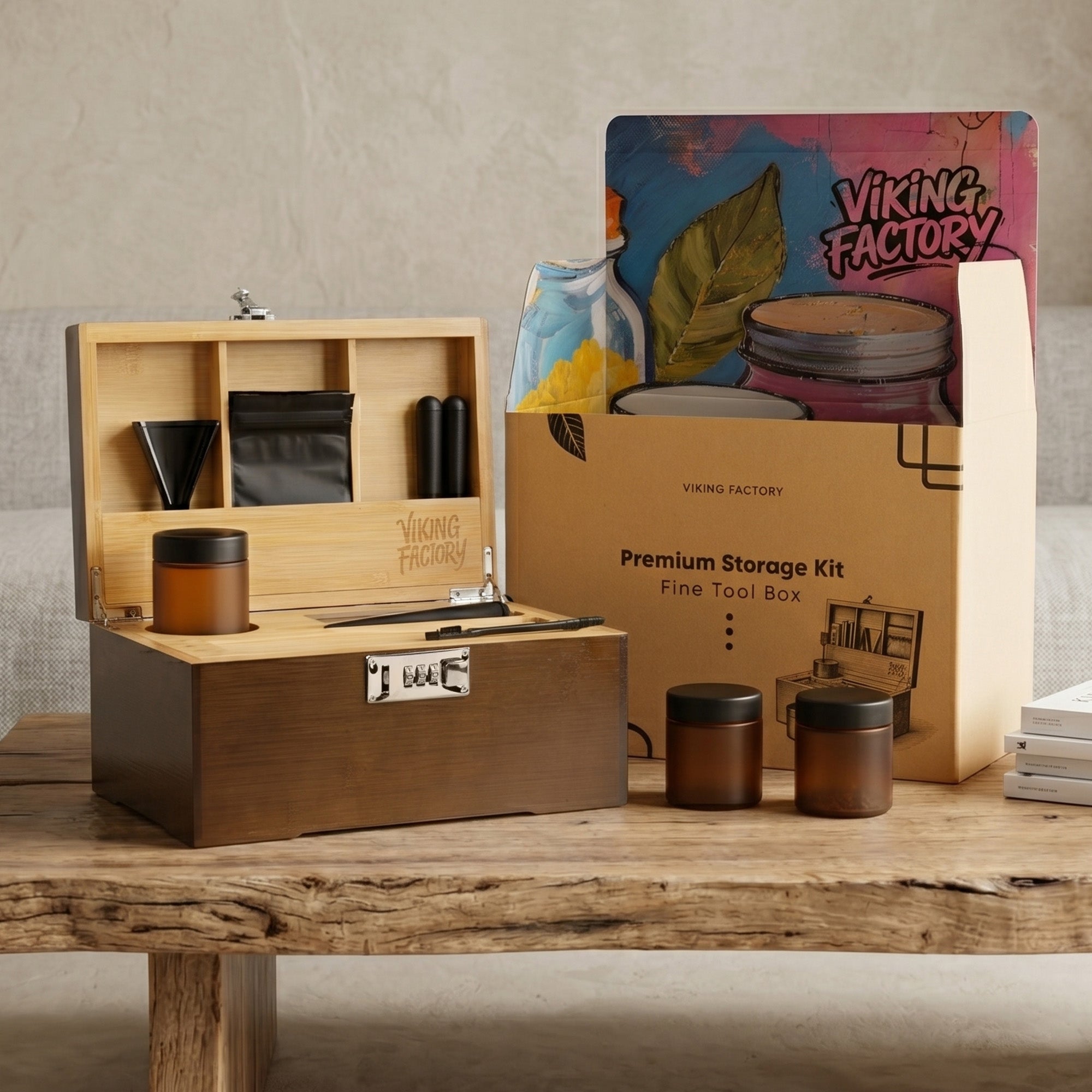 Walnut Brown Wooden Stash Box with Rolling Tray & Accessories