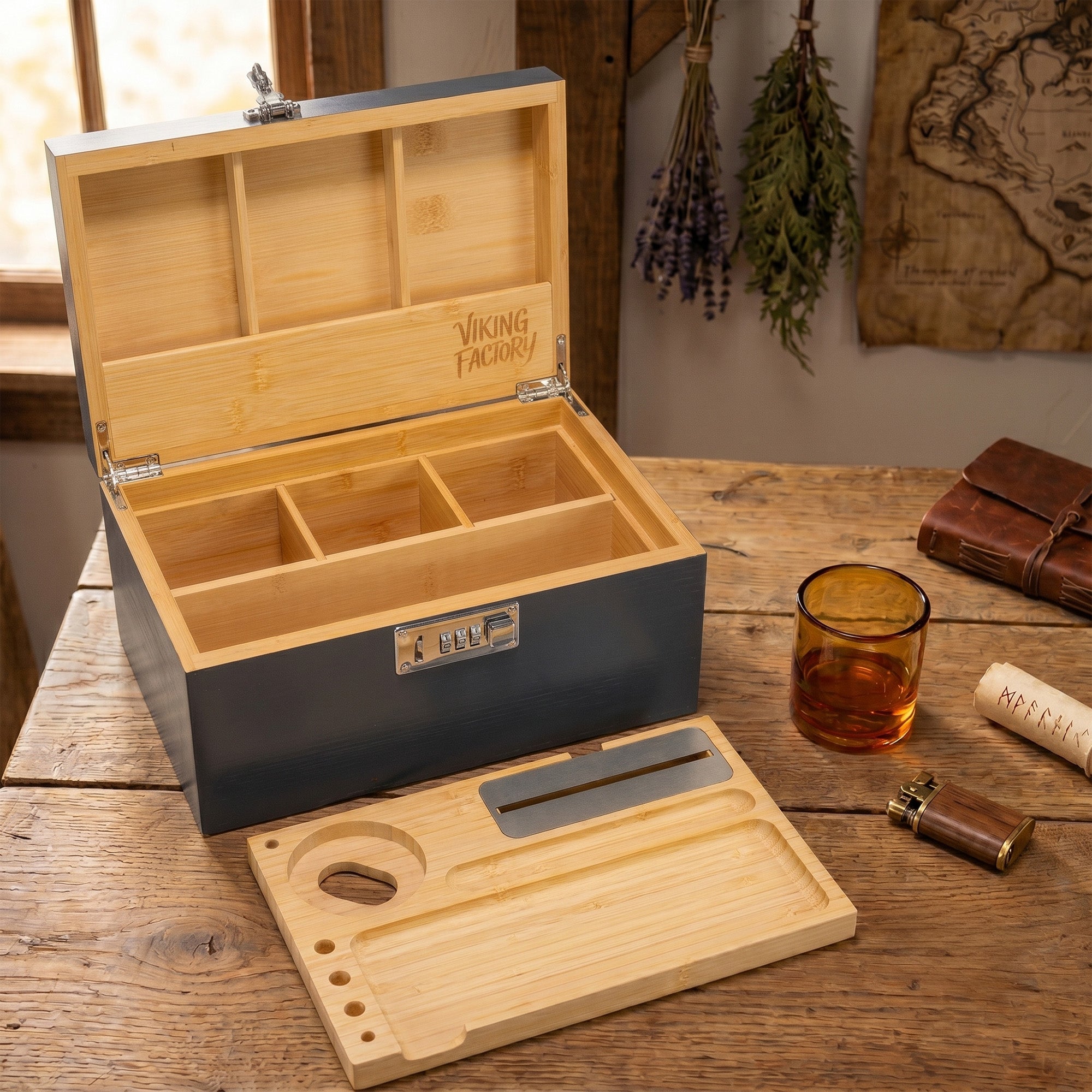 Slate Blue Wooden Stash Box with Rolling Tray & Accessories