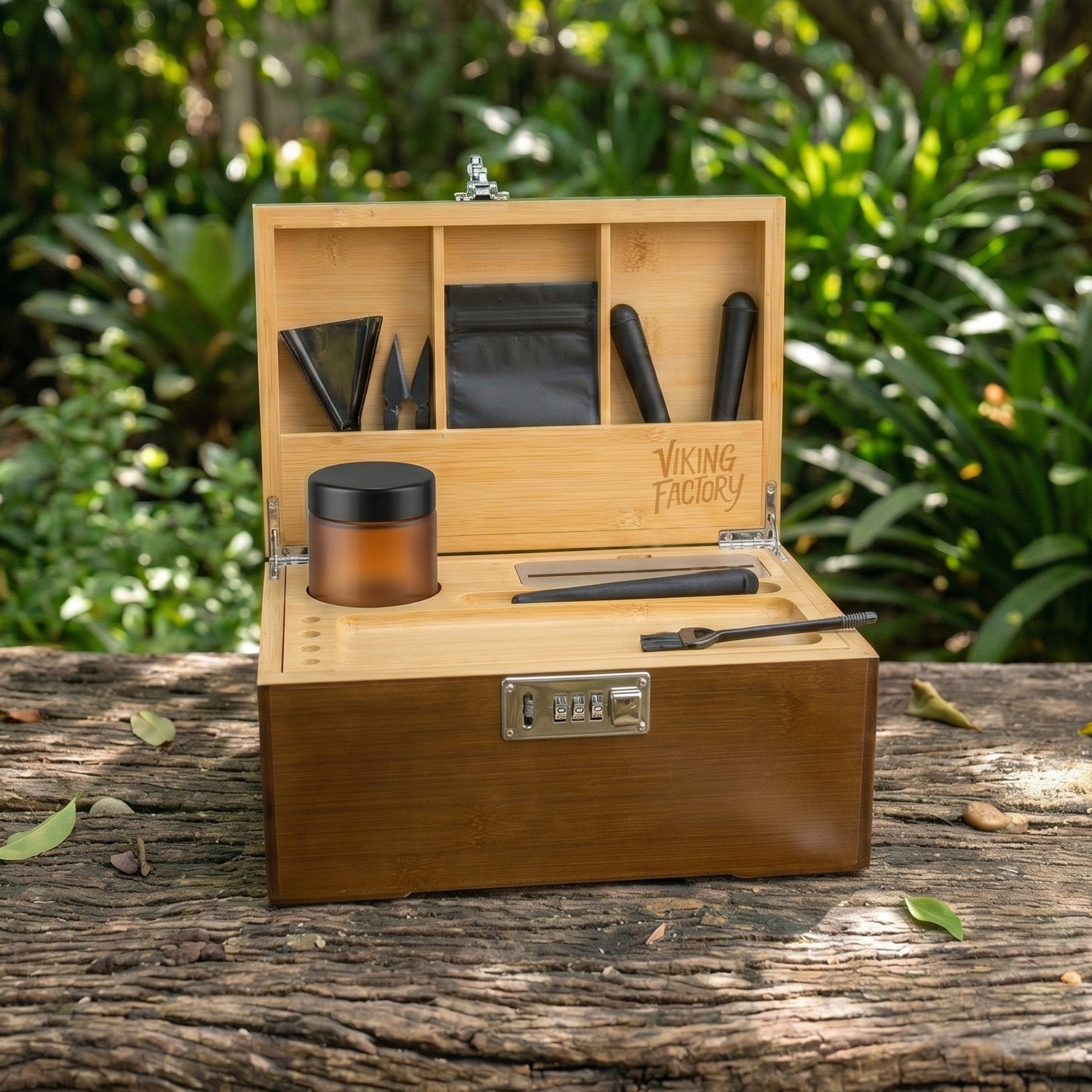 Walnut Brown Wooden Stash Box with Rolling Tray & Accessories