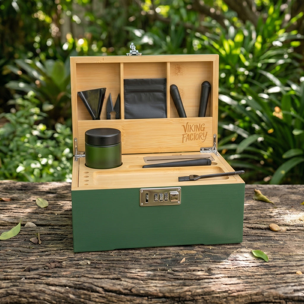 Forest Green Premium Wooden Stash Box Gift Set with Rolling Tray
