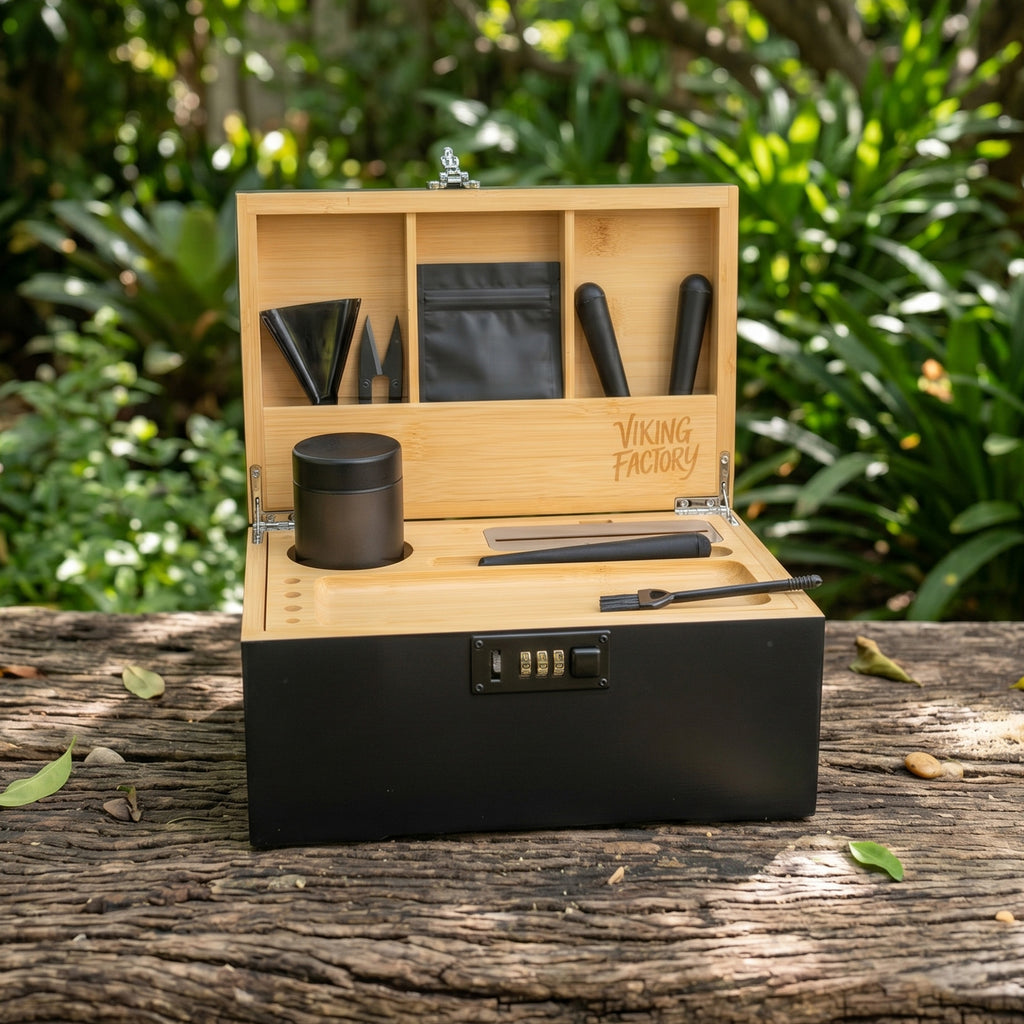 Midnight Black Wooden Stash Box with Rolling Tray & Accessories