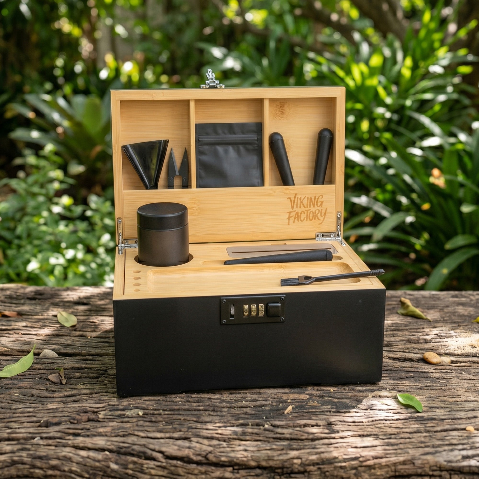 Midnight Black Wooden Stash Box with Rolling Tray & Accessories