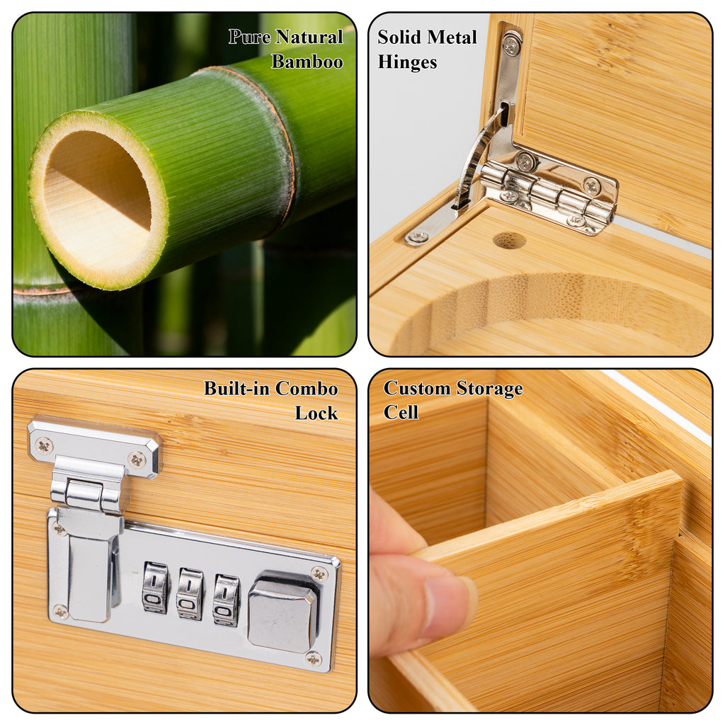 Natural Bamboo Stash Box with Rolling Tray &amp; Accessories