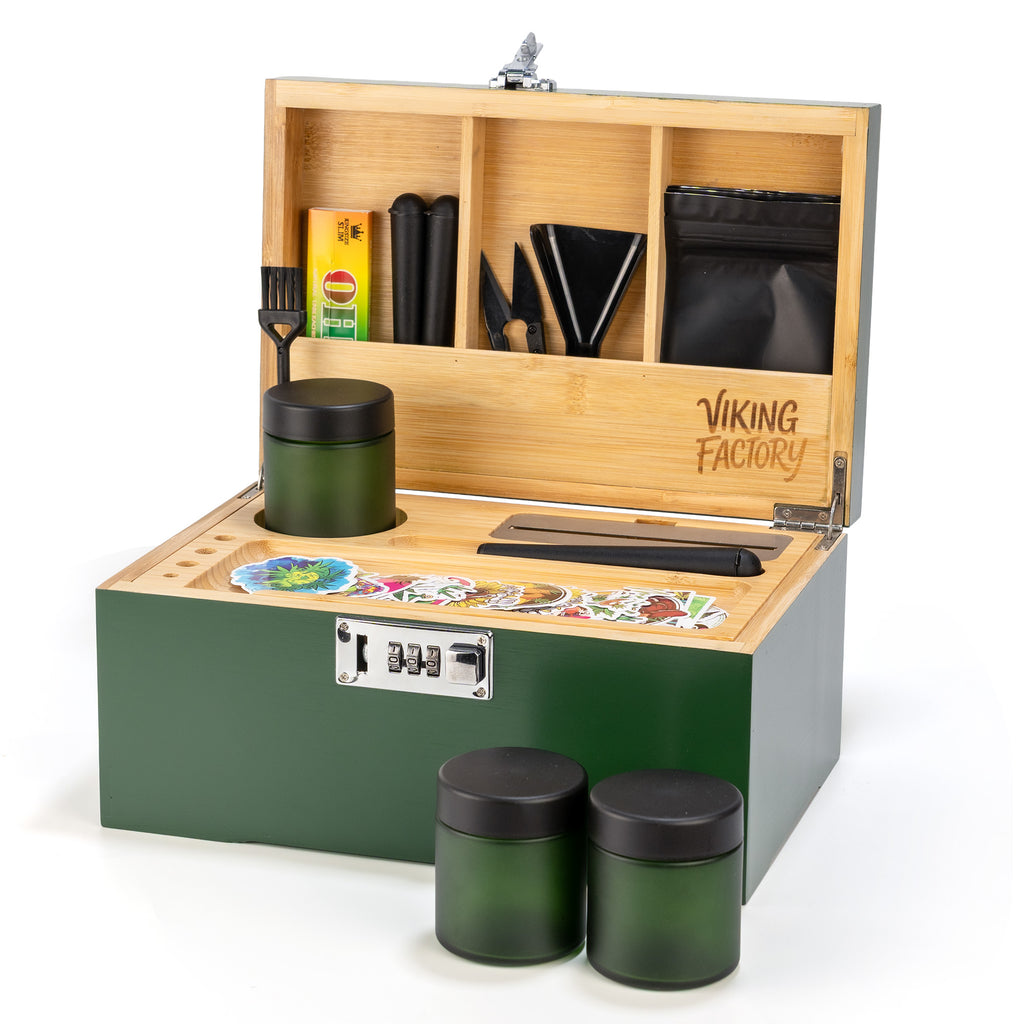 Forest Green Premium Wooden Stash Box Gift Set with Rolling Tray