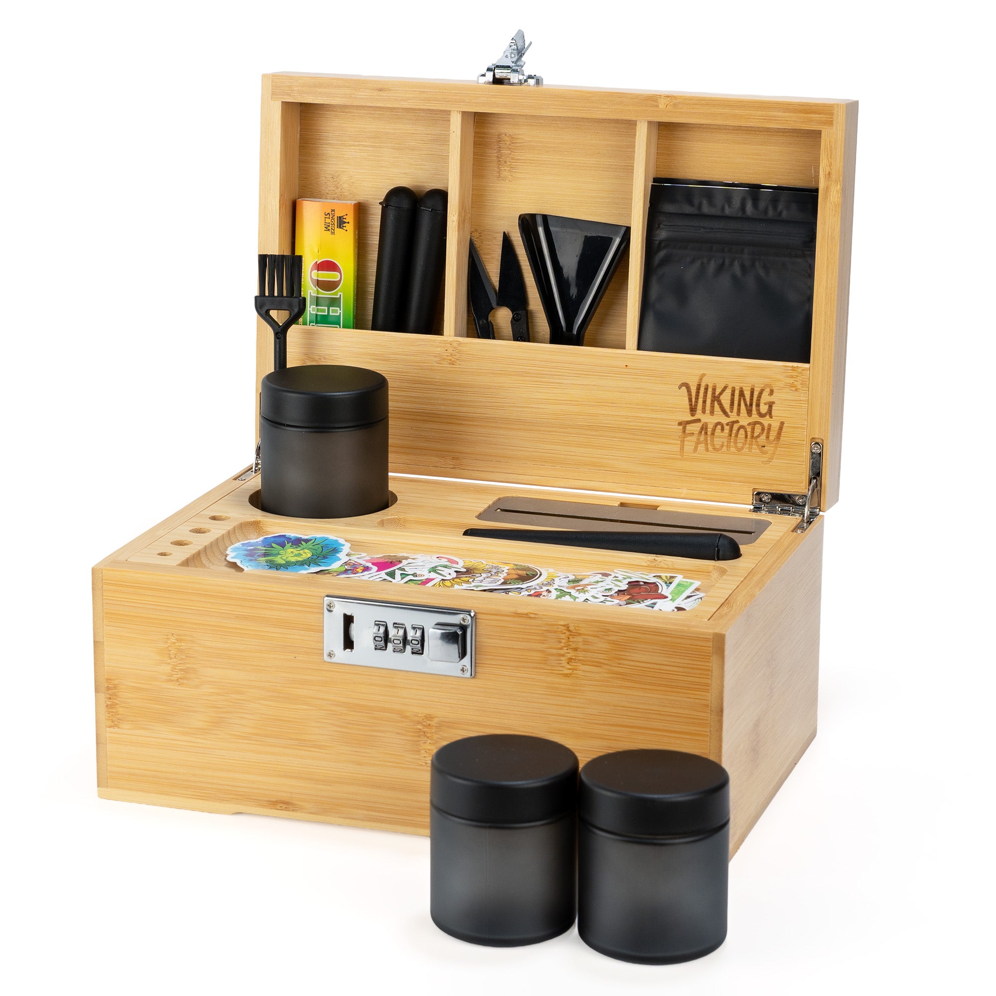 Natural Bamboo Stash Box with Rolling Tray &amp; Accessories