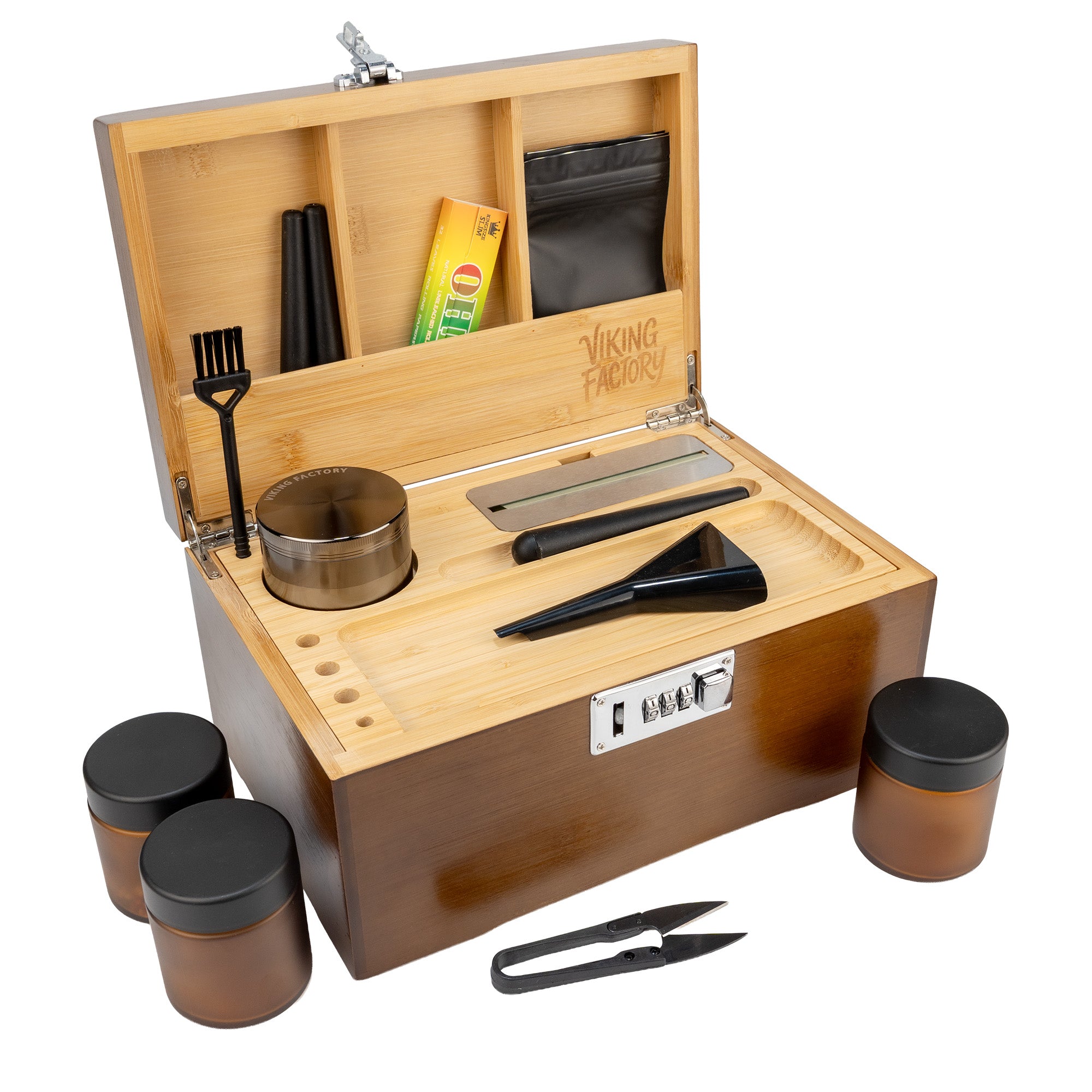 Walnut Brown Wooden Stash Box with Rolling Tray & Accessories