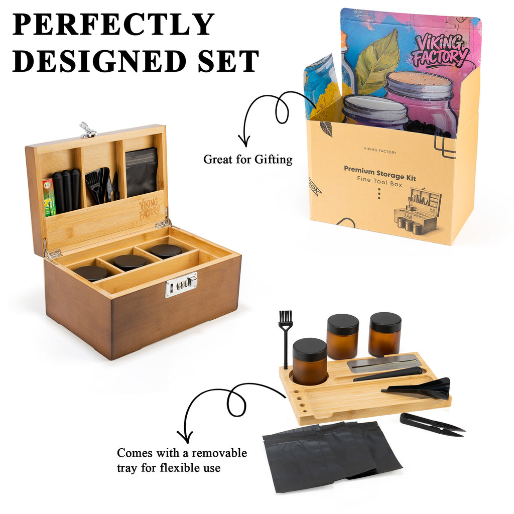 Walnut Brown Wooden Stash Box with Rolling Tray & Accessories