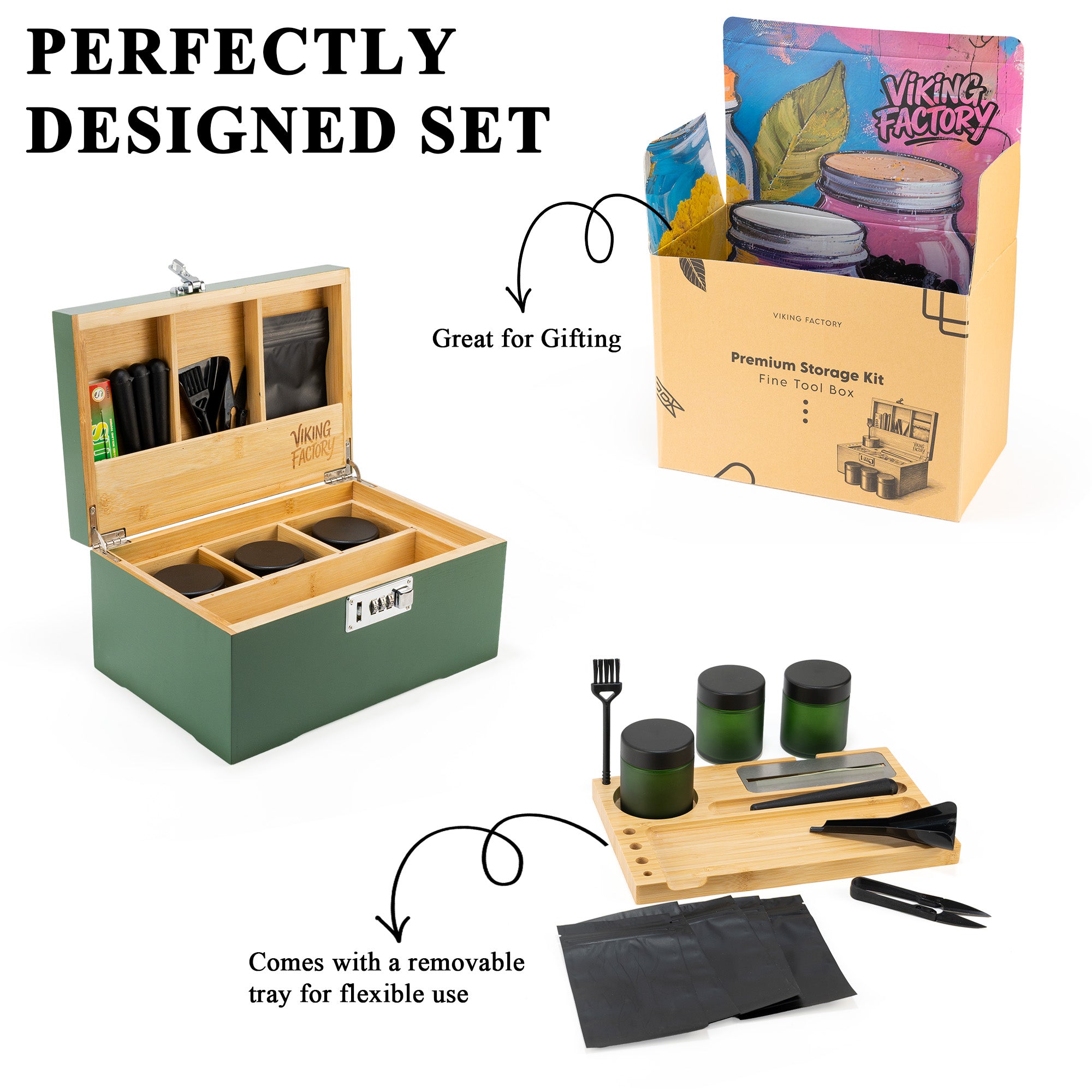 Forest Green Premium Wooden Stash Box Gift Set with Rolling Tray