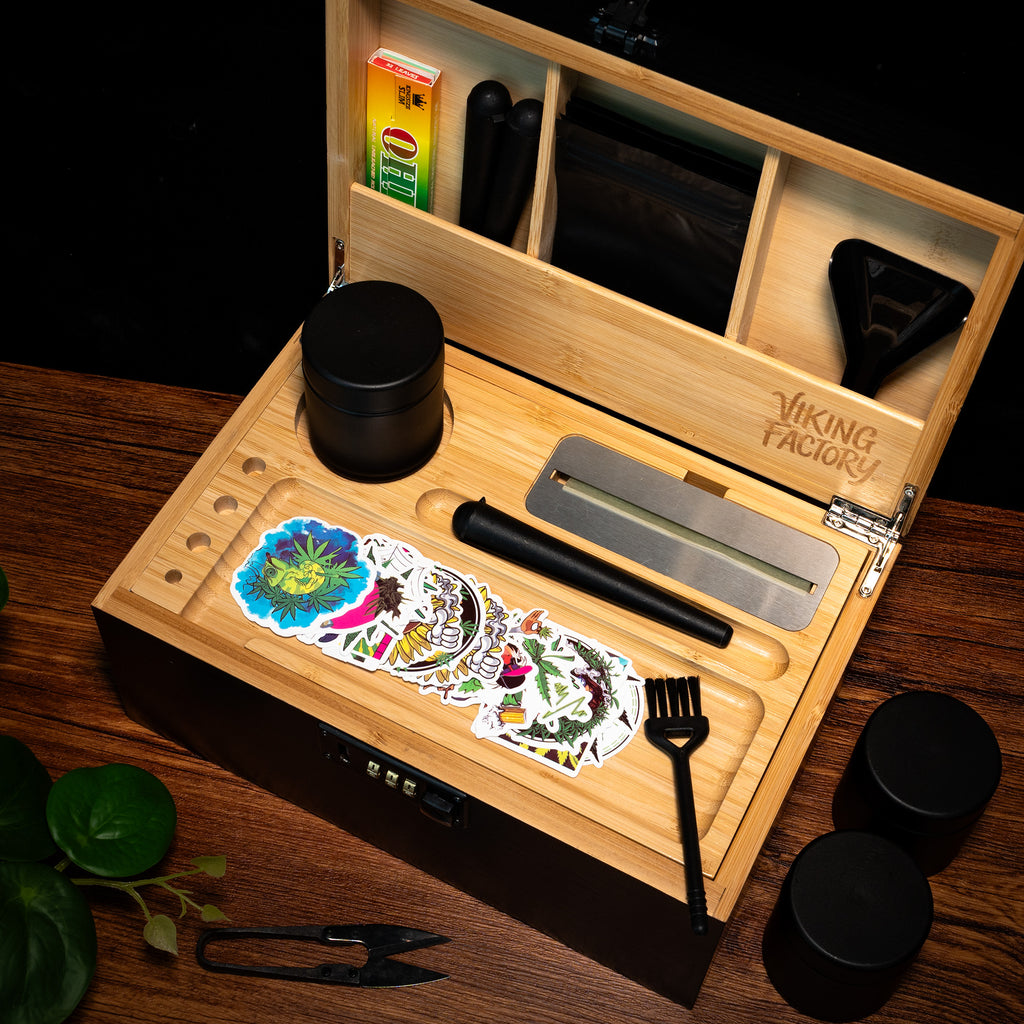 Midnight Black Wooden Stash Box with Rolling Tray & Accessories