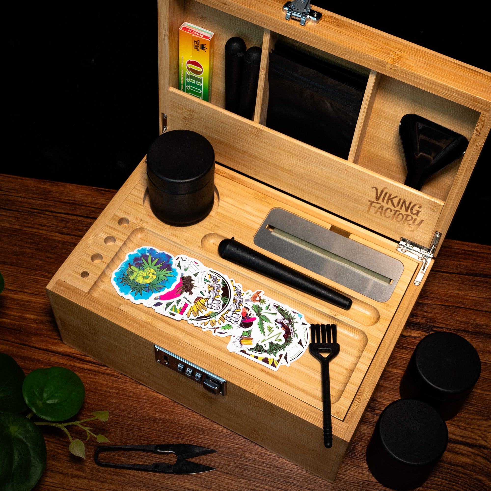 Natural Bamboo Stash Box with Rolling Tray &amp; Accessories