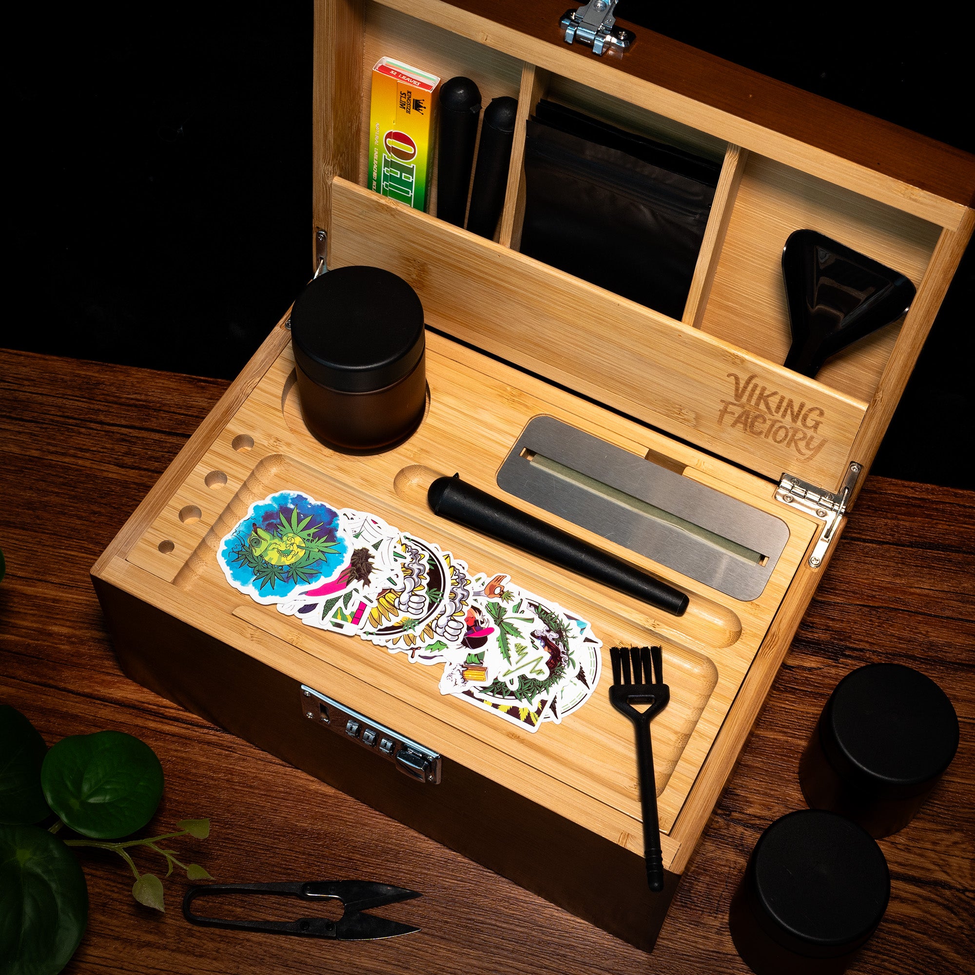 Walnut Brown Wooden Stash Box with Rolling Tray & Accessories
