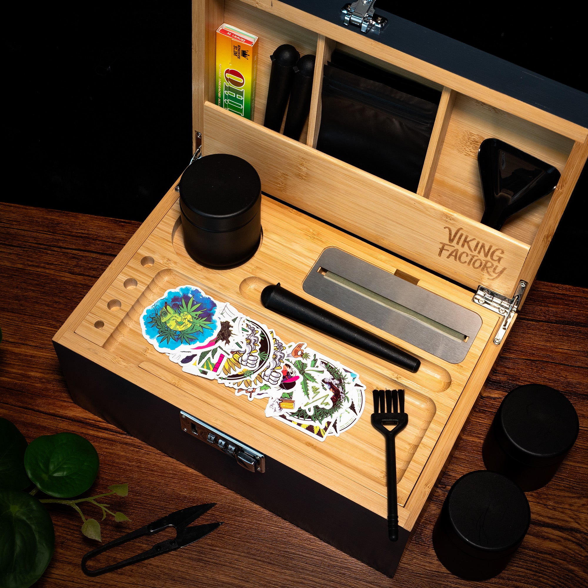 Slate Blue Wooden Stash Box with Rolling Tray & Accessories