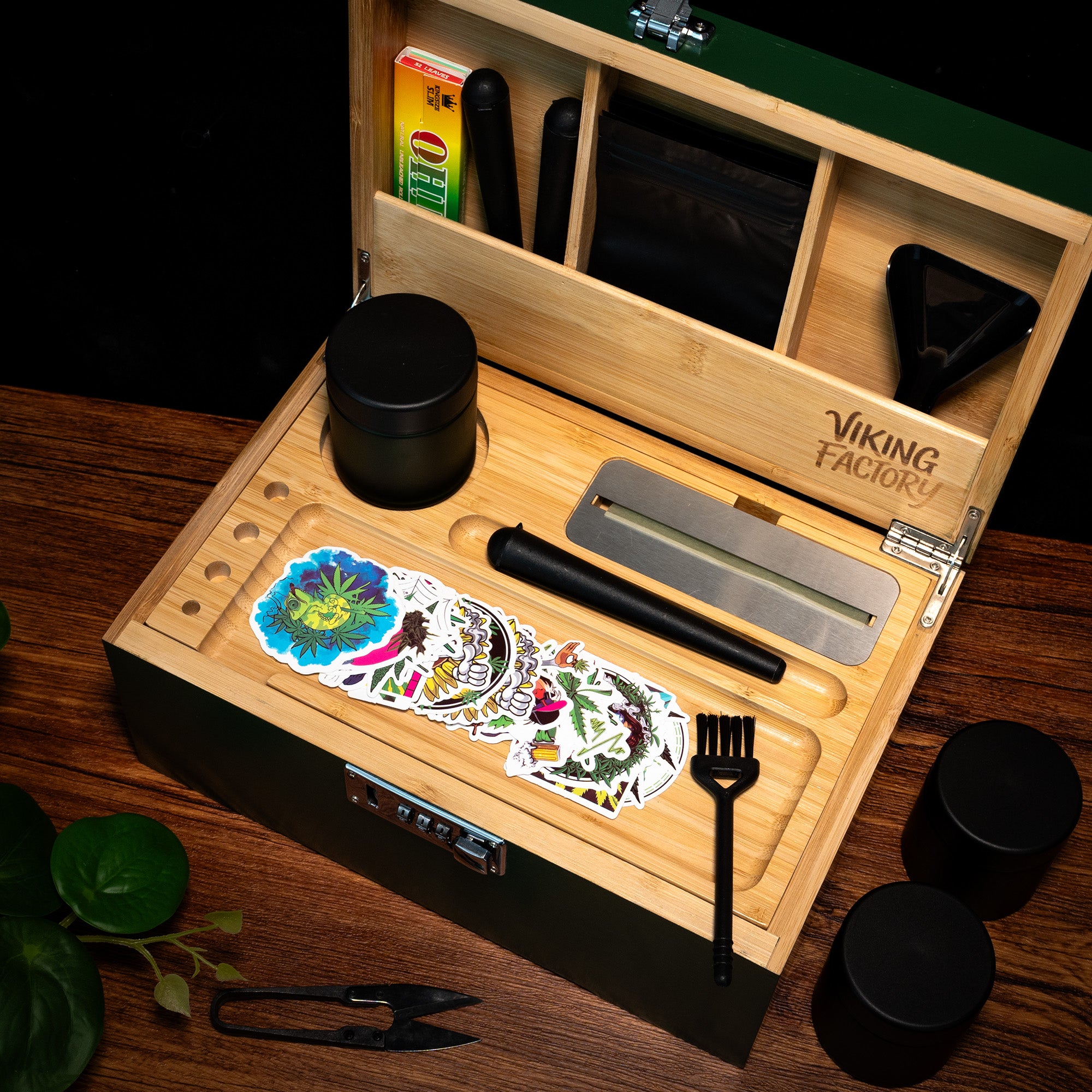 Forest Green Premium Wooden Stash Box Gift Set with Rolling Tray