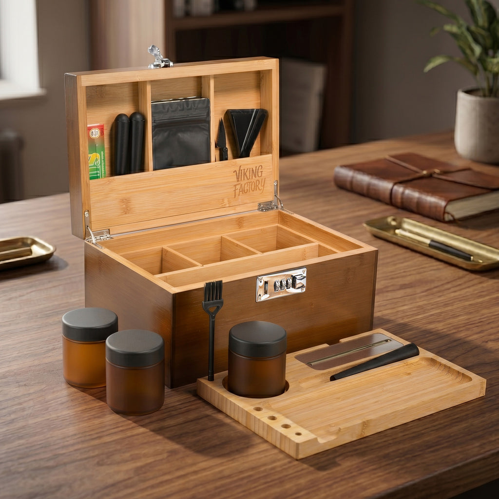 Walnut Brown Wooden Stash Box with Rolling Tray & Accessories