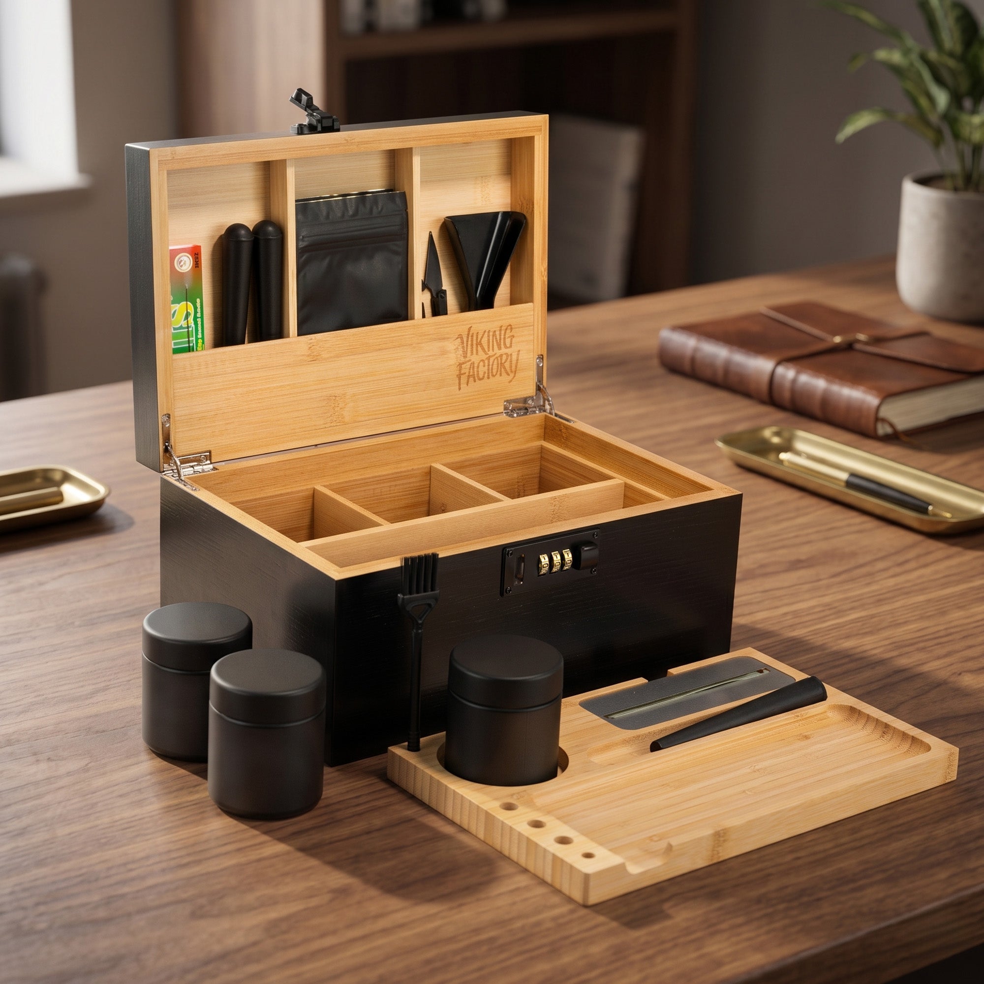 Midnight Black Wooden Stash Box with Rolling Tray & Accessories