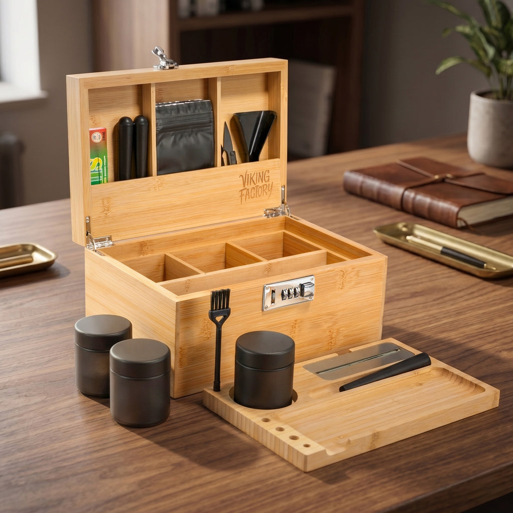 Natural Bamboo Stash Box with Rolling Tray &amp; Accessories