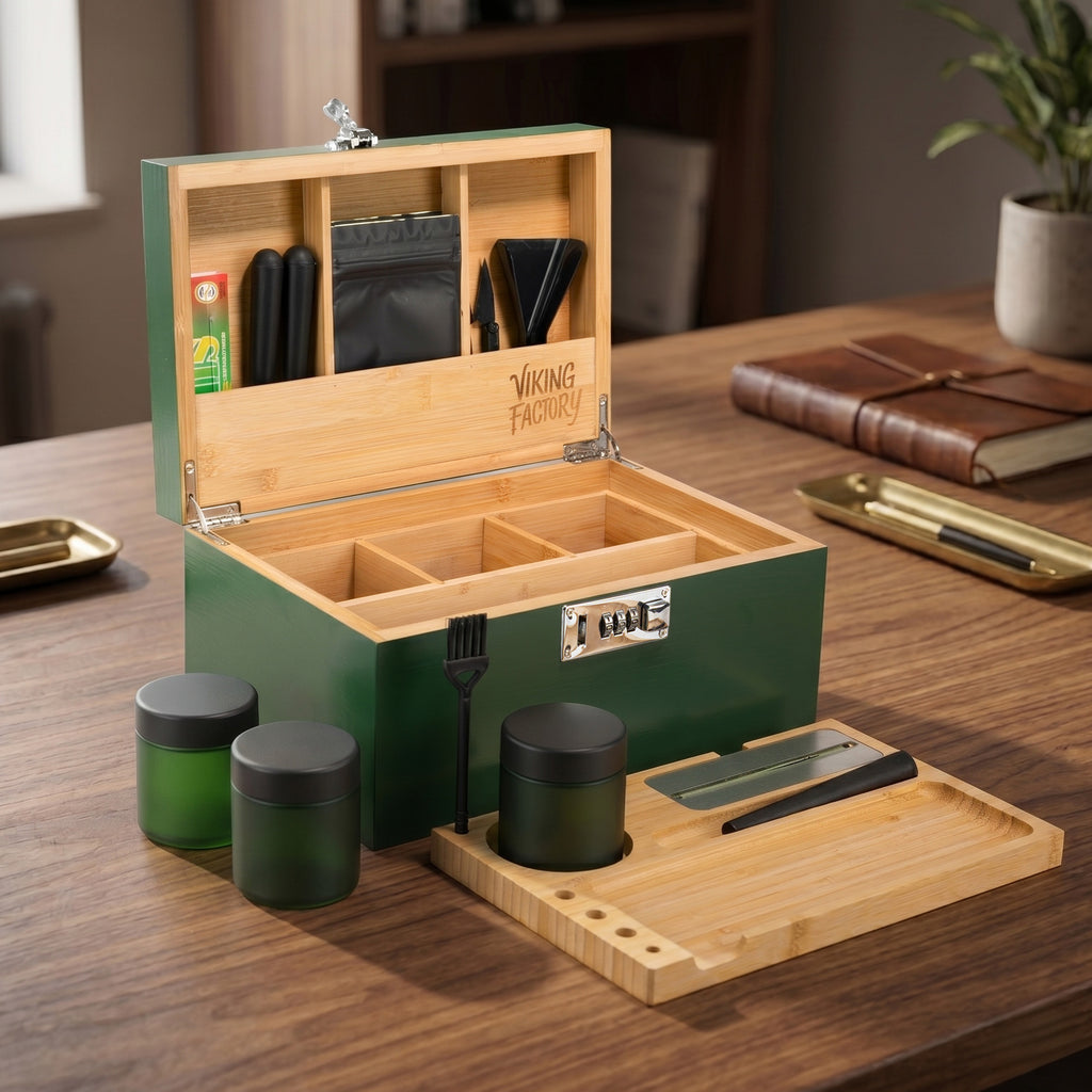 Forest Green Premium Wooden Stash Box Gift Set with Rolling Tray