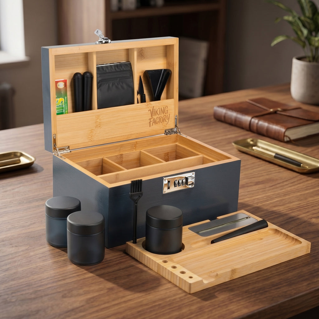 Slate Blue Wooden Stash Box with Rolling Tray & Accessories