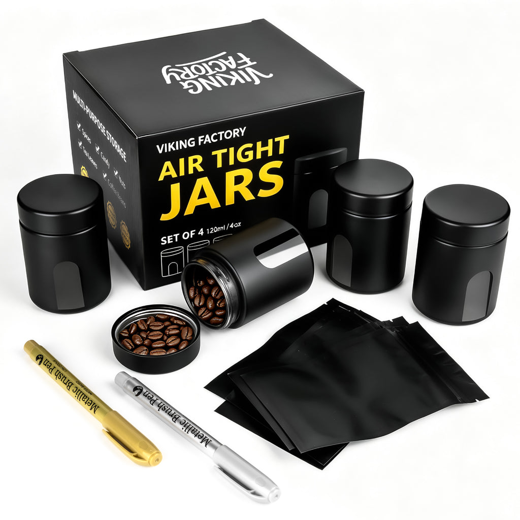 Airtight Storage Jar Gift Set – 4 Jars, 5 Smell Proof Bags & 2 Marker Pens