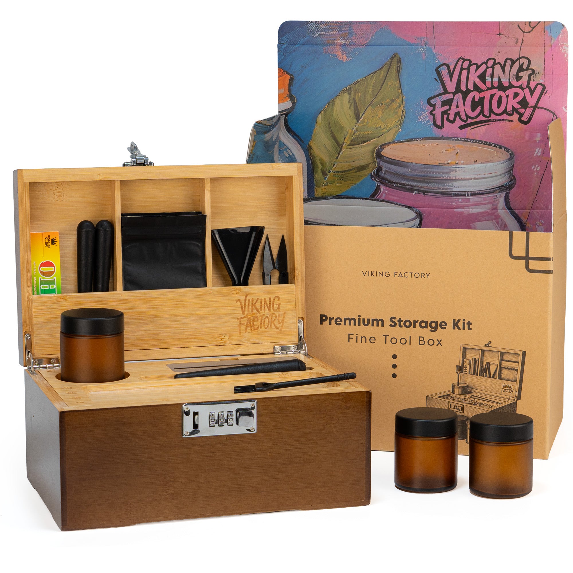 Walnut Brown Wooden Stash Box with Rolling Tray & Accessories
