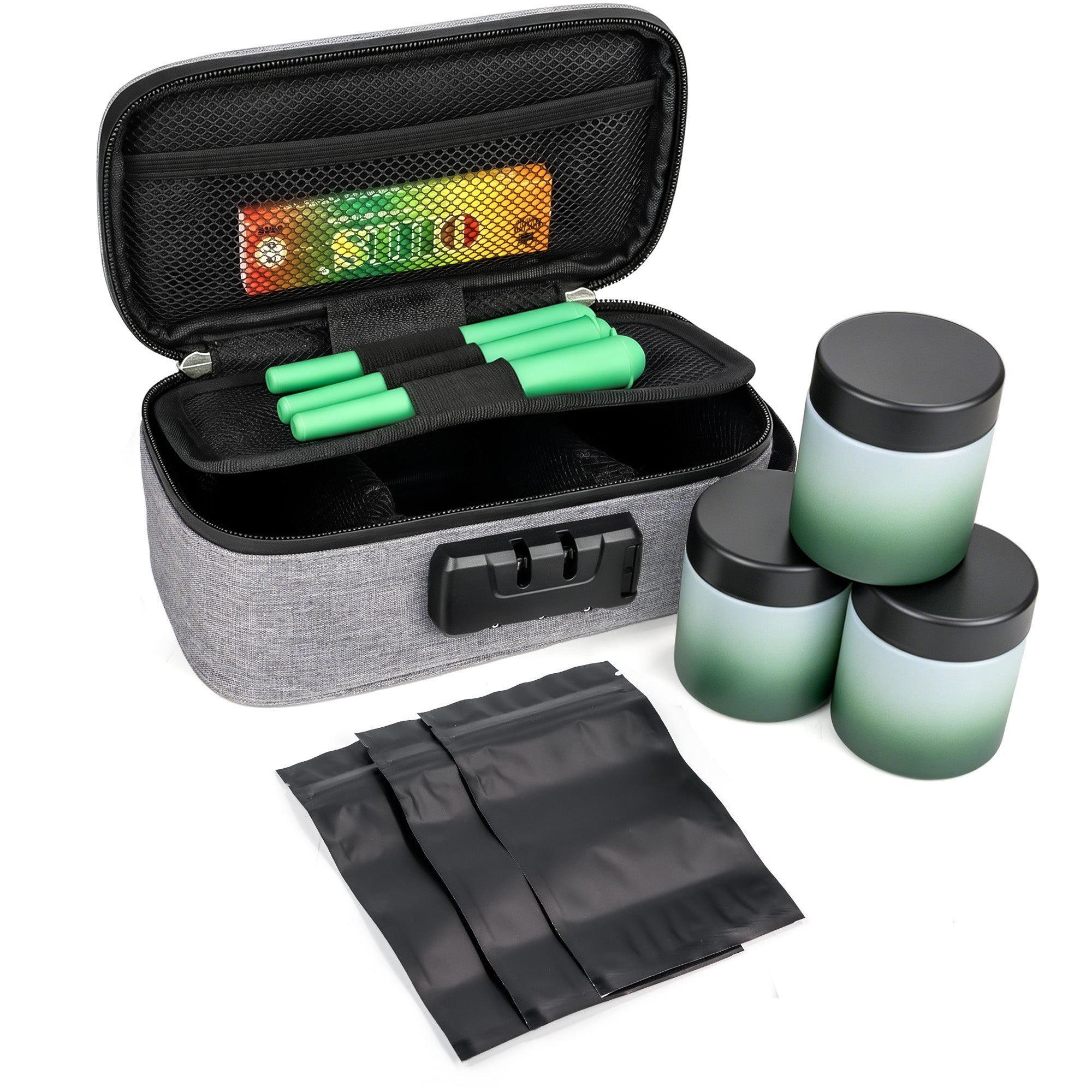 Gray Smell Proof Bag with Lock Gift Set – Includes 3 Glass Jars, 3 Pre-Roll Storage Tubes, Rolling Papers & Sealed Bags