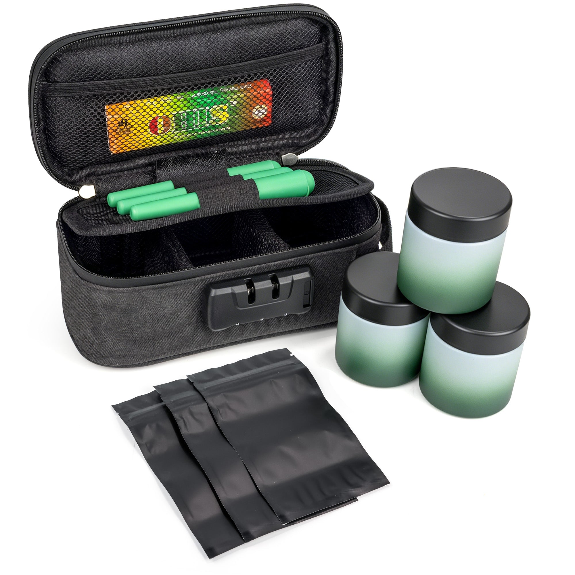 Black Smell Proof Bag with Lock | Odor Resistant Stash Bag Kit with 3 Glass Jars, Pre-Roll Tubes & Accessories