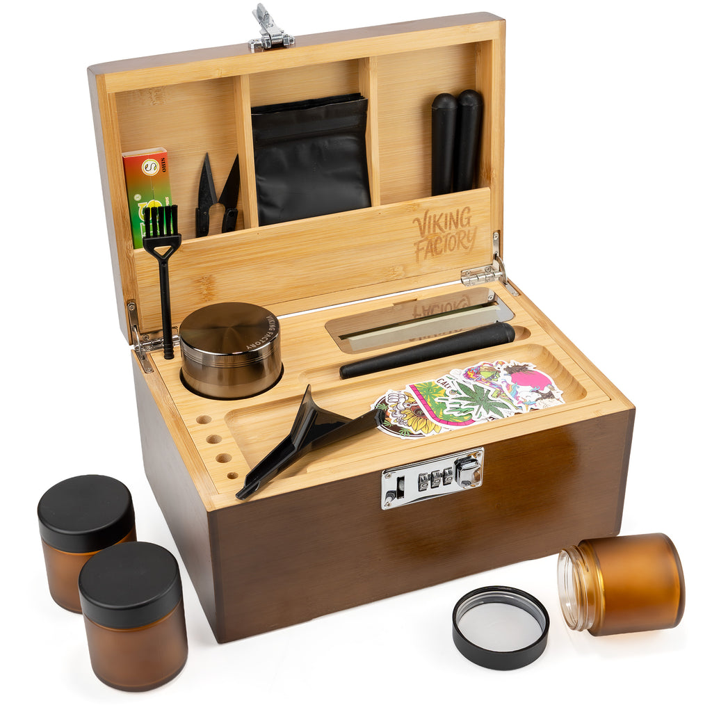 Walnut Brown Wooden Stash Box with Rolling Tray & Accessories
