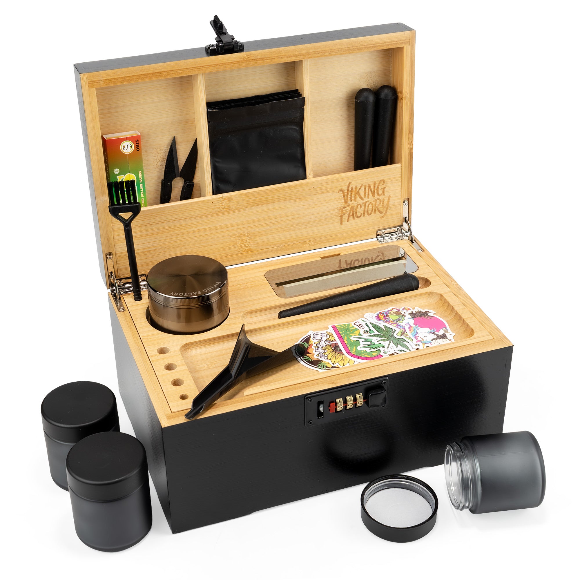 Premium Wooden Stash Box Kit with Rolling Tray & Accessories