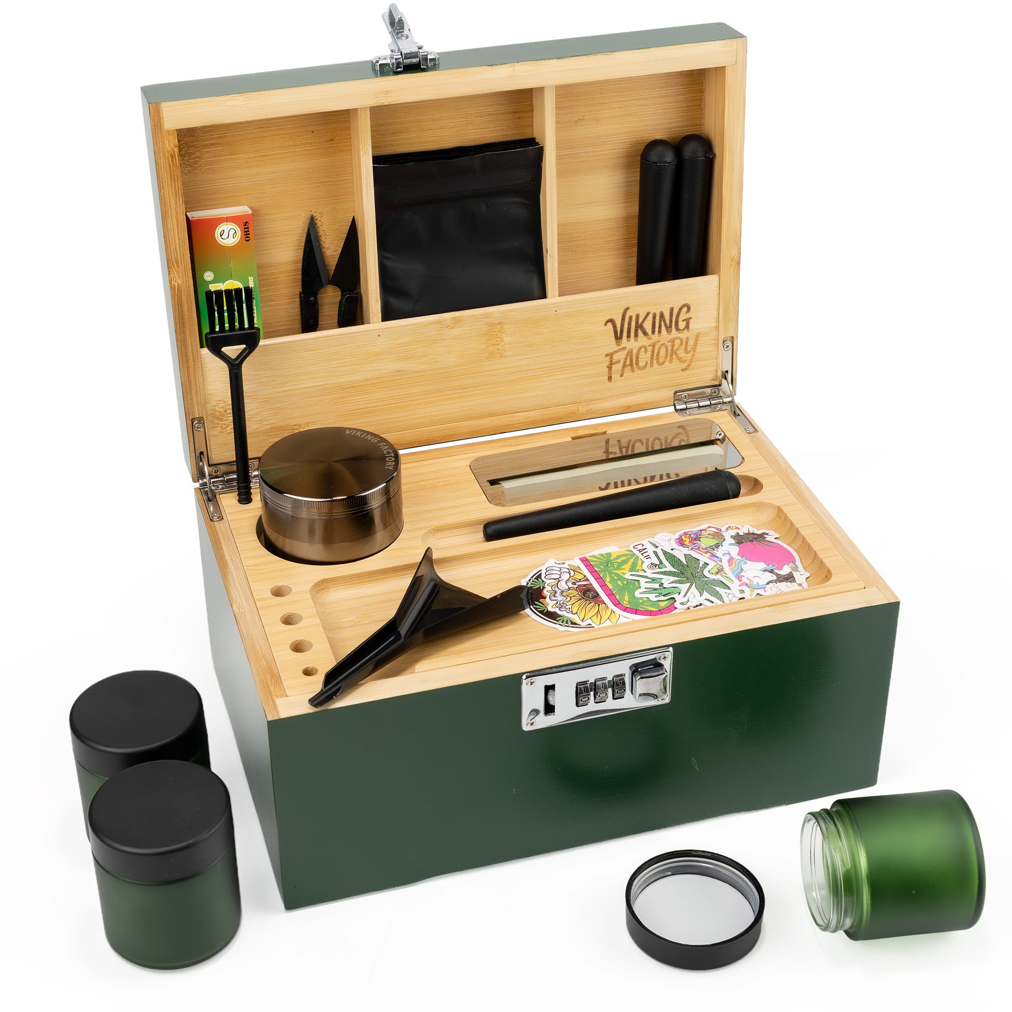 Forest Green Premium Wooden Stash Box Gift Set with Rolling Tray