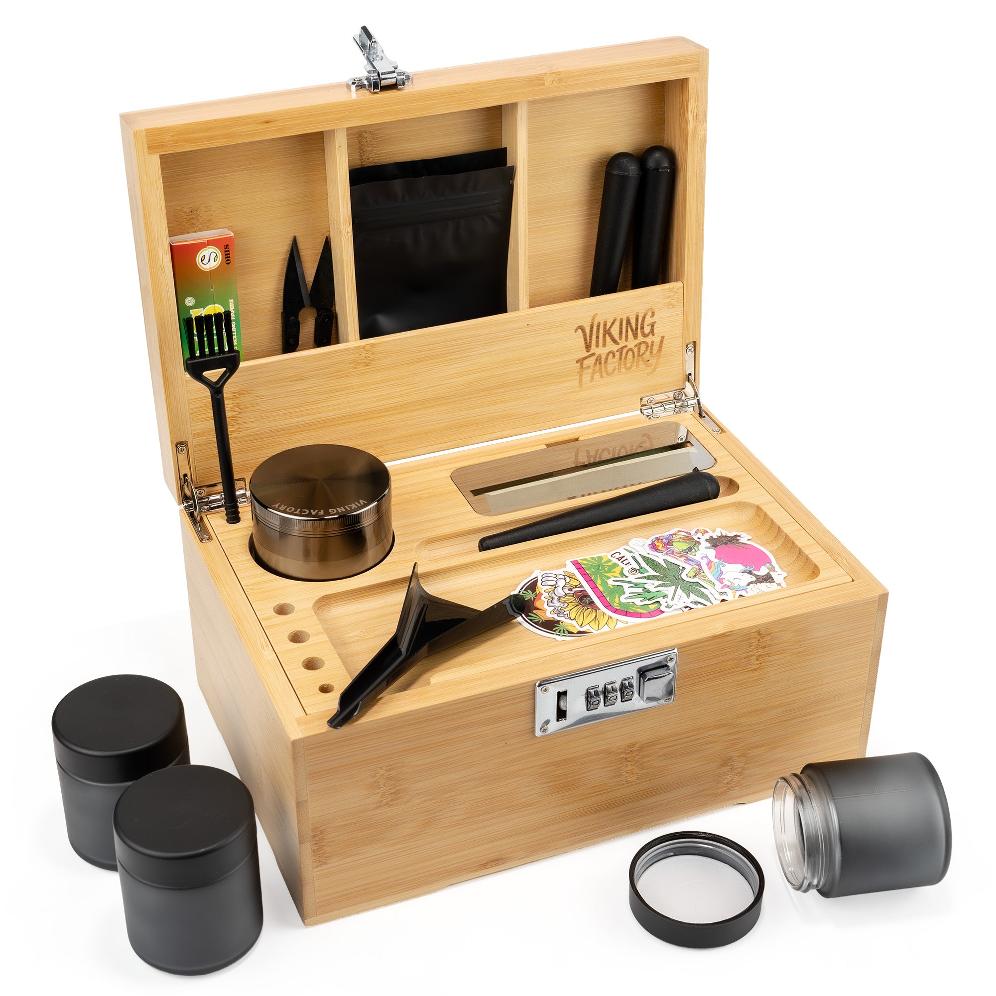 Natural Bamboo Stash Box with Rolling Tray &amp; Accessories