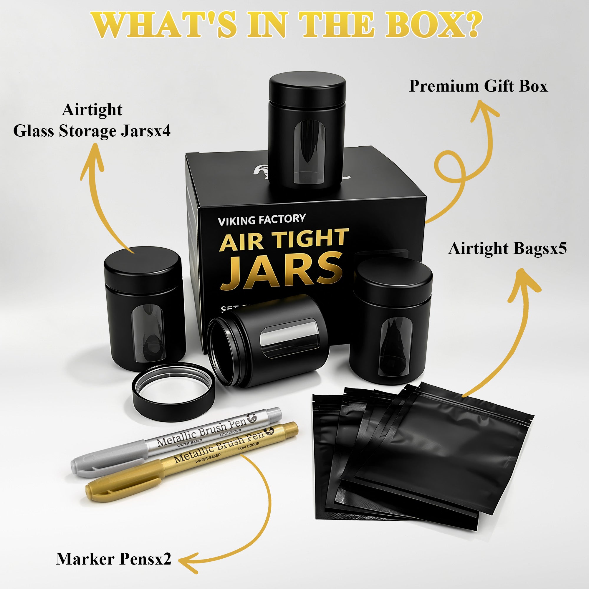 Airtight Storage Jar Gift Set – 4 Jars, 5 Smell Proof Bags & 2 Marker Pens