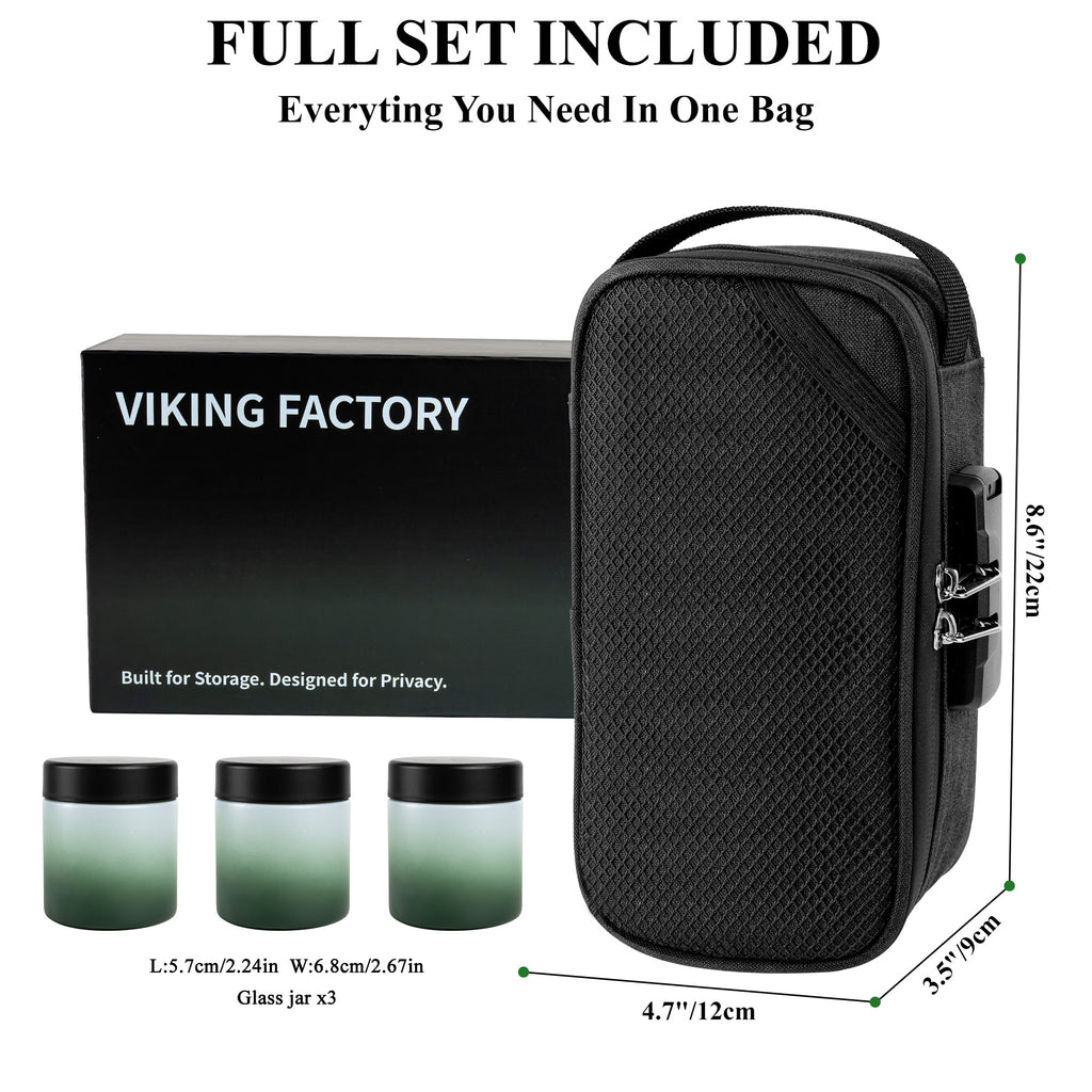 Black Smell Proof Bag with Lock | Odor Resistant Stash Bag Kit with 3 Glass Jars, Pre-Roll Tubes & Accessories