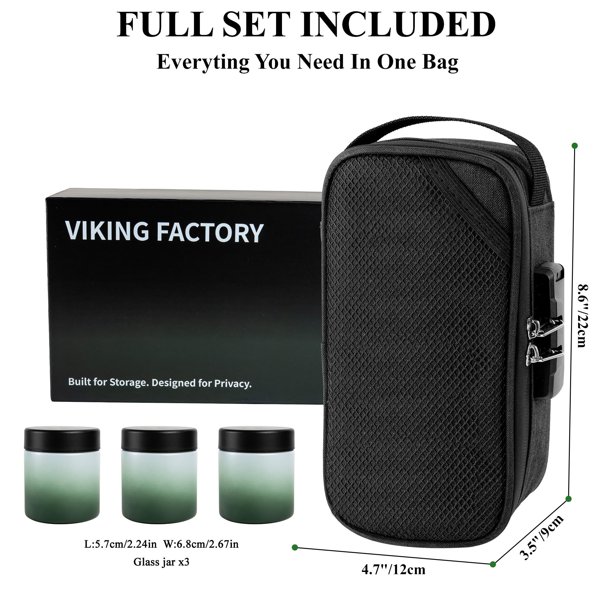 Black Smell Proof Bag with Lock | Odor Resistant Stash Bag Kit with 3 Glass Jars, Pre-Roll Tubes & Accessories