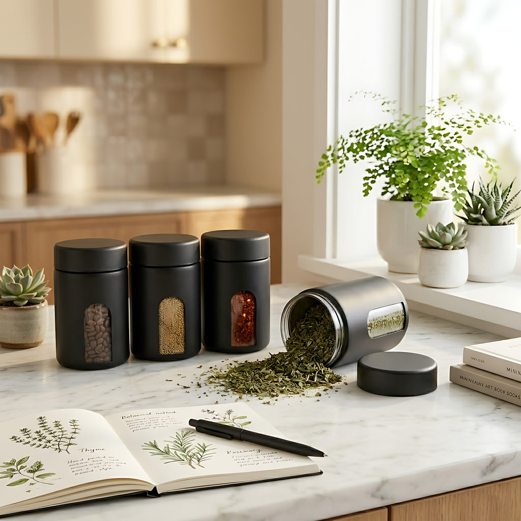 Airtight Storage Jar Gift Set – 4 Jars, 5 Smell Proof Bags & 2 Marker Pens