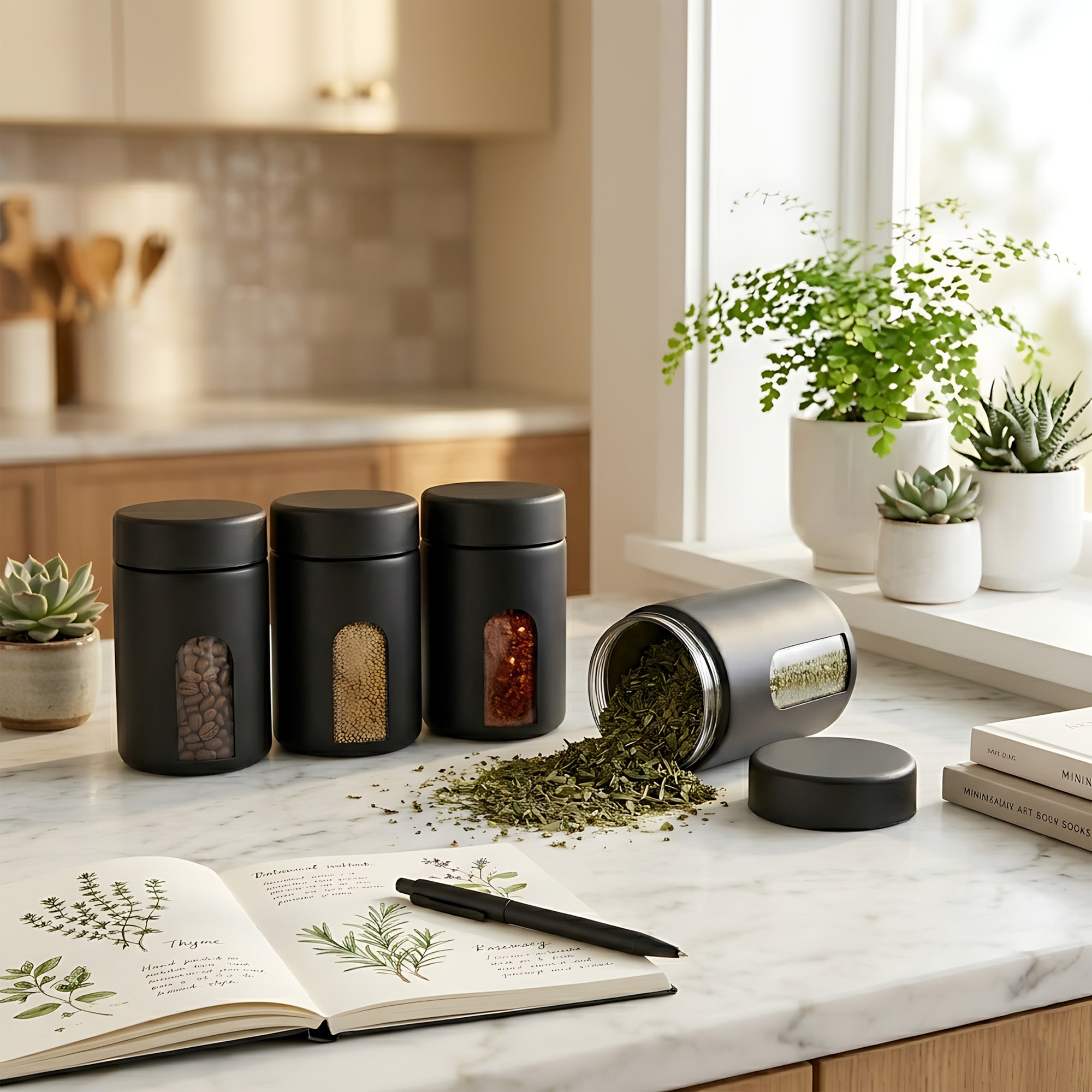 Airtight Storage Jar Gift Set – 4 Jars, 5 Smell Proof Bags & 2 Marker Pens
