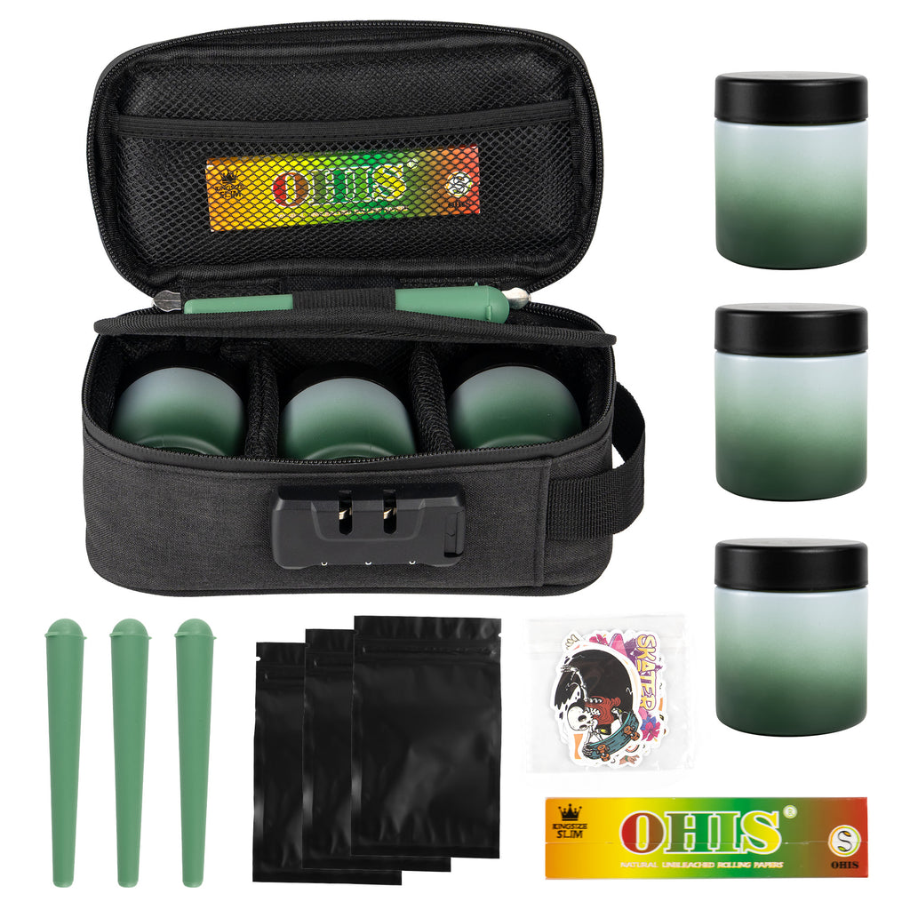 Black Smell Proof Bag with Lock | Odor Resistant Stash Bag Kit with 3 Glass Jars, Pre-Roll Tubes & Accessories