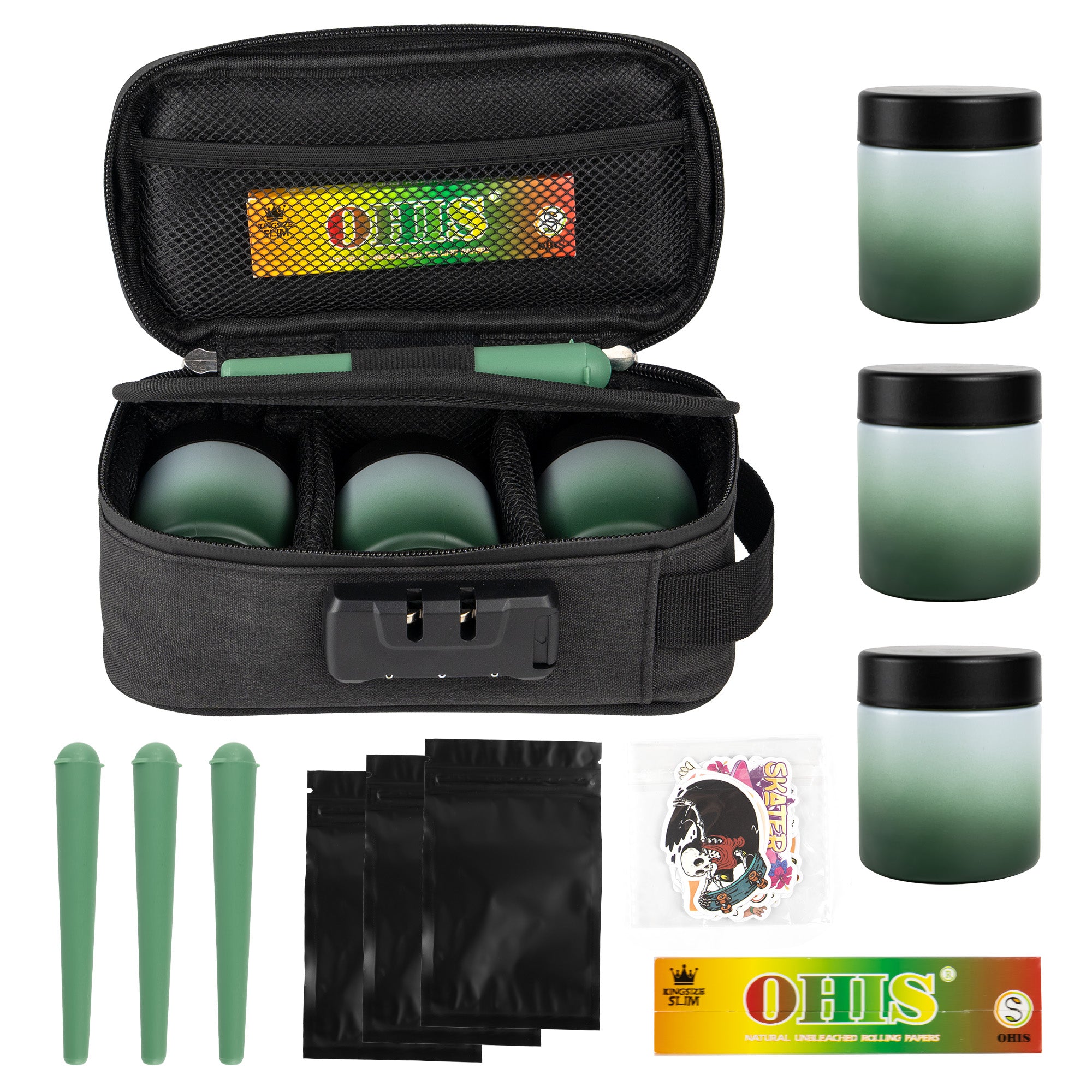 Black Smell Proof Bag with Lock | Odor Resistant Stash Bag Kit with 3 Glass Jars, Pre-Roll Tubes & Accessories