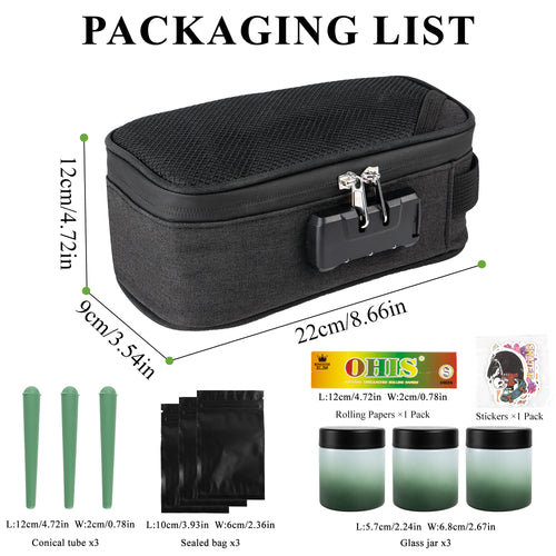 Black Smell Proof Bag with Lock | Odor Resistant Stash Bag Kit with 3 Glass Jars, Pre-Roll Tubes & Accessories