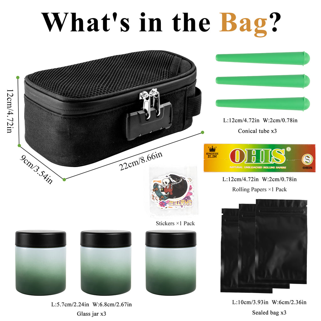 Black Smell Proof Bag with Lock | Odor Resistant Stash Bag Kit with 3 Glass Jars, Pre-Roll Tubes & Accessories