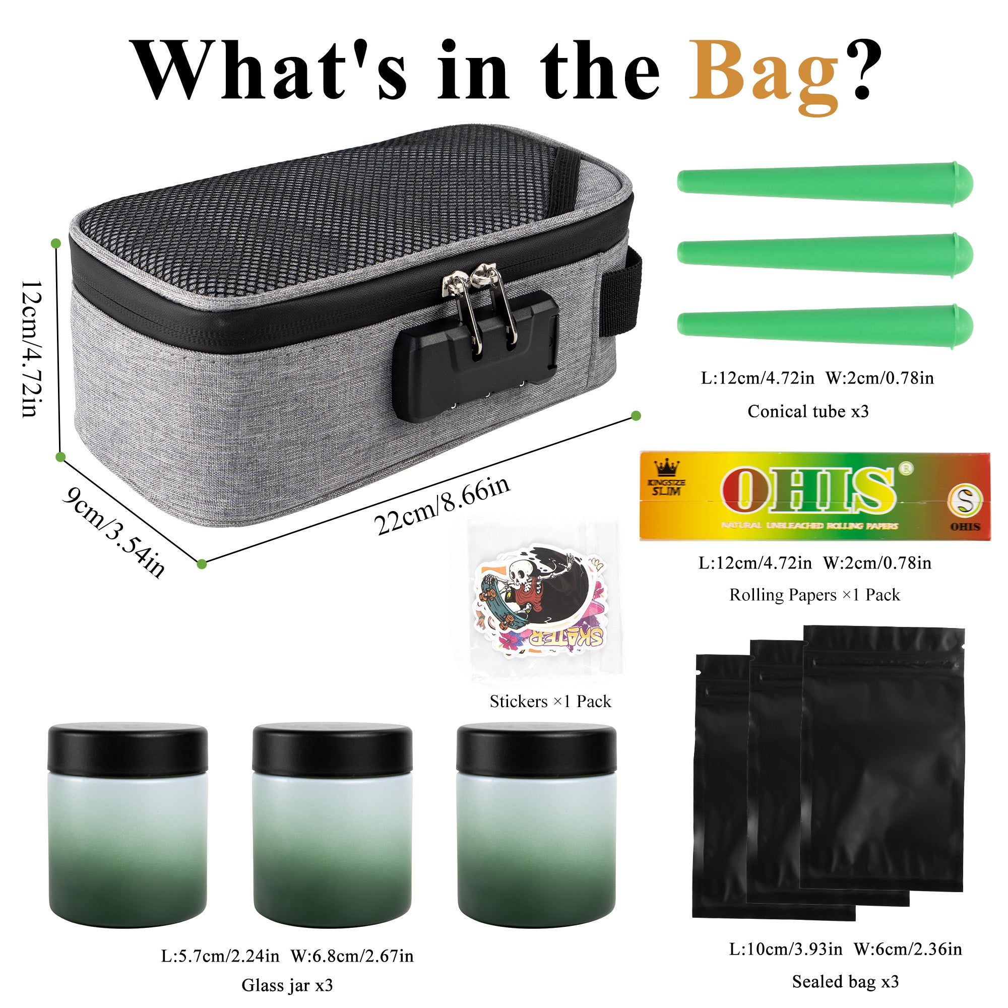 Gray Smell Proof Bag with Lock Gift Set – Includes 3 Glass Jars, 3 Pre-Roll Storage Tubes, Rolling Papers & Sealed Bags