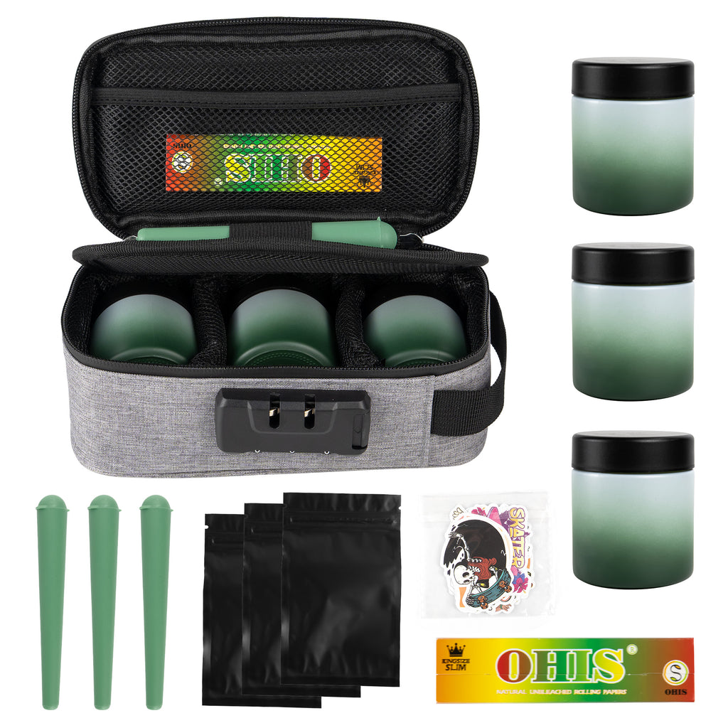 Gray Smell Proof Bag with Lock Gift Set – Includes 3 Glass Jars, 3 Pre-Roll Storage Tubes, Rolling Papers & Sealed Bags