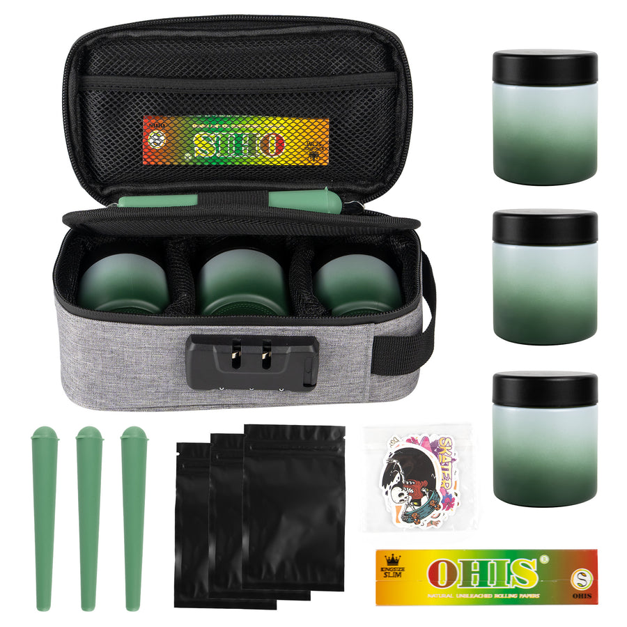 Gray Smell Proof Bag with Lock Gift Set – Includes 3 Glass Jars, 3 Pre-Roll Storage Tubes, Rolling Papers & Sealed Bags